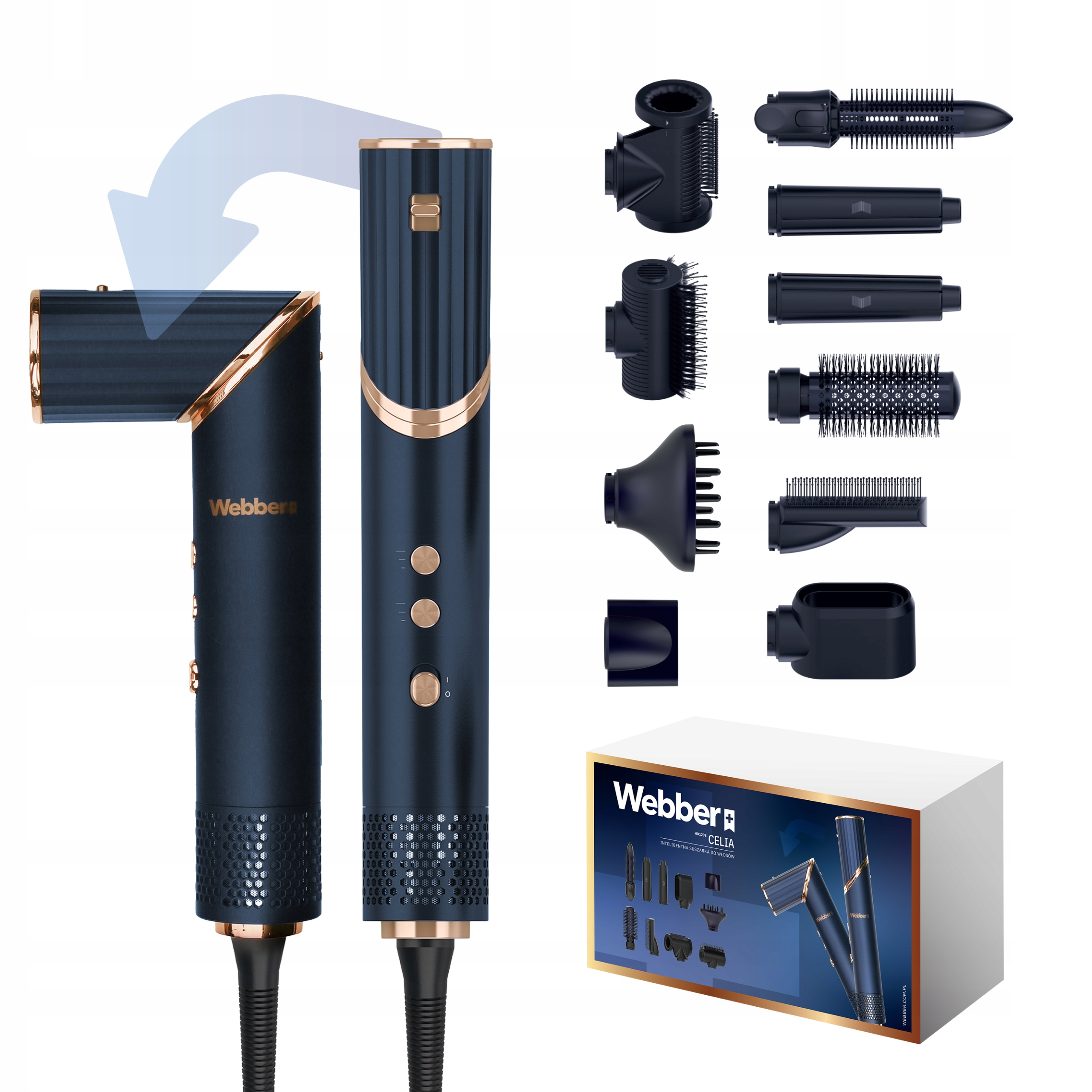 Ciemnoniebieskie narzędzie do stylizacji włosów ze złotymi akcentami i wieloma nasadkami, obok pudełka.