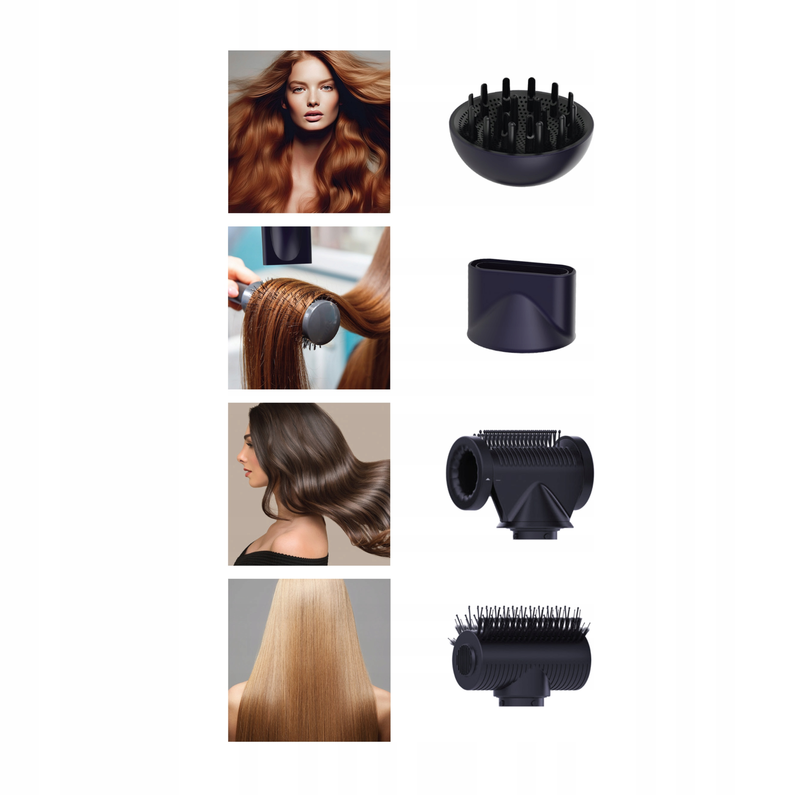 Kobieta z rudymi włosami, narzędzia do włosów i zdjęcia stylizacji.