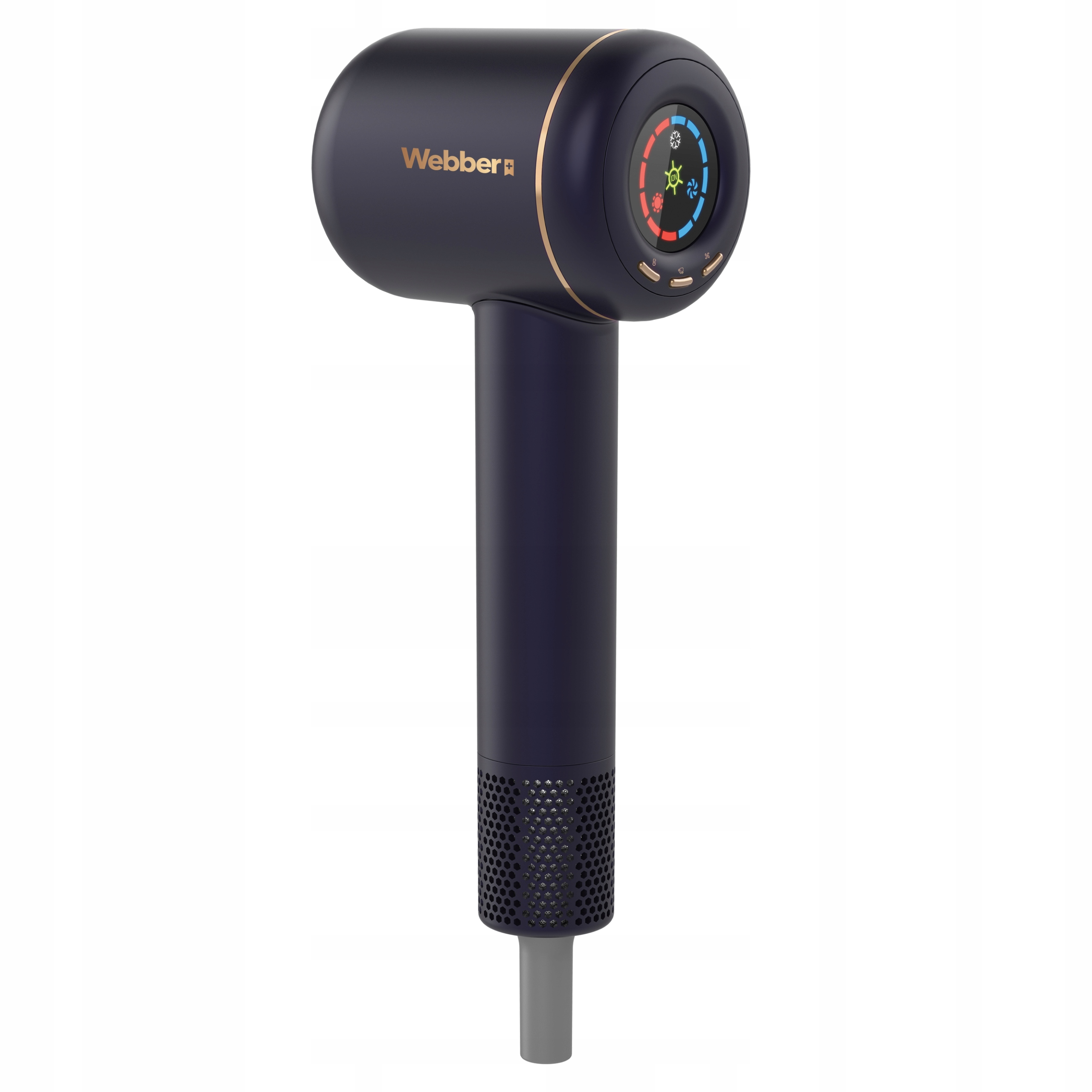 Ciemnoniebieska suszarka do włosów ze złotymi akcentami i cyfrowym wyświetlaczem. Marka to Webber.