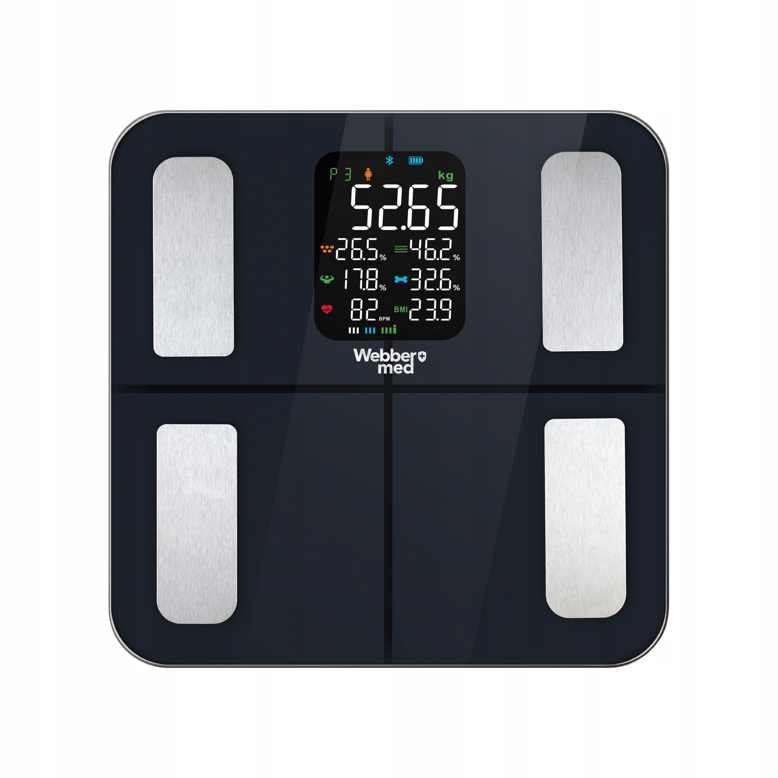 Cyfrowa waga z czarną powierzchnią. Wyświetla wagę i inne wskaźniki składu ciała na cyfrowym wyświetlaczu.