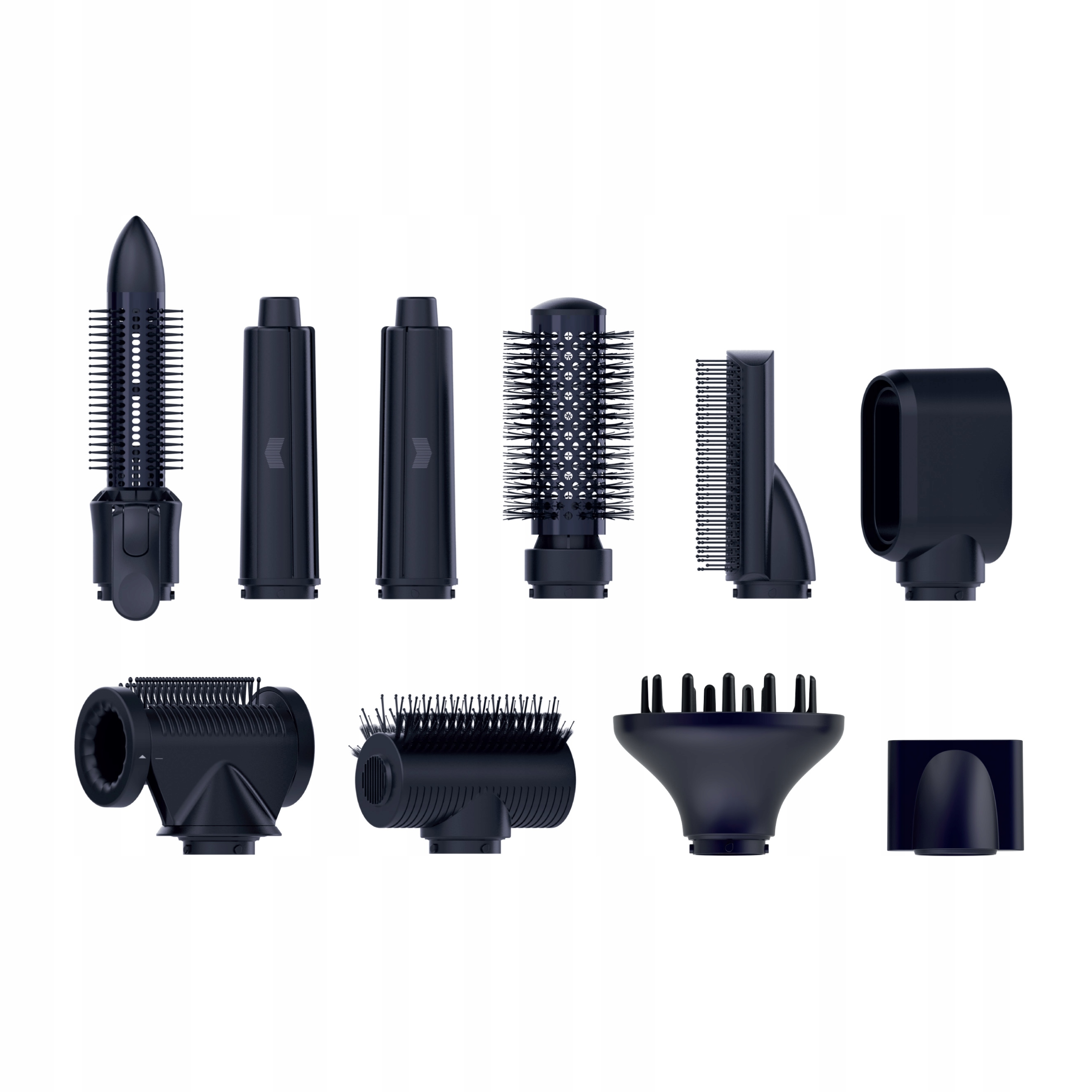 Dziewięć czarnych nasadek do suszarki na białym tle, różne kształty i rozmiary, do stylizacji włosów.