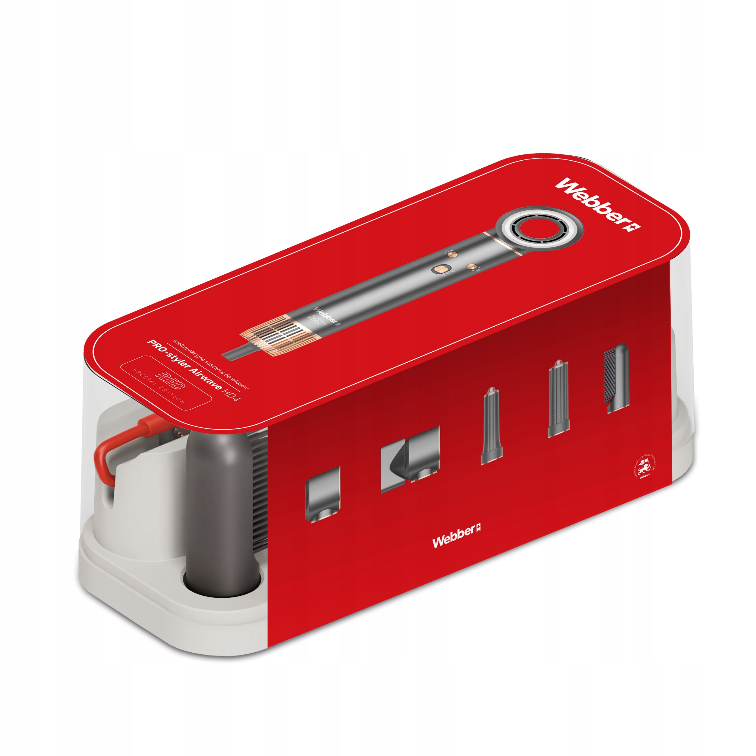 Zestaw do stylizacji włosów w czerwonym i przezroczystym pudełku. Zawiera suszarkę do włosów i kilka akcesoriów.