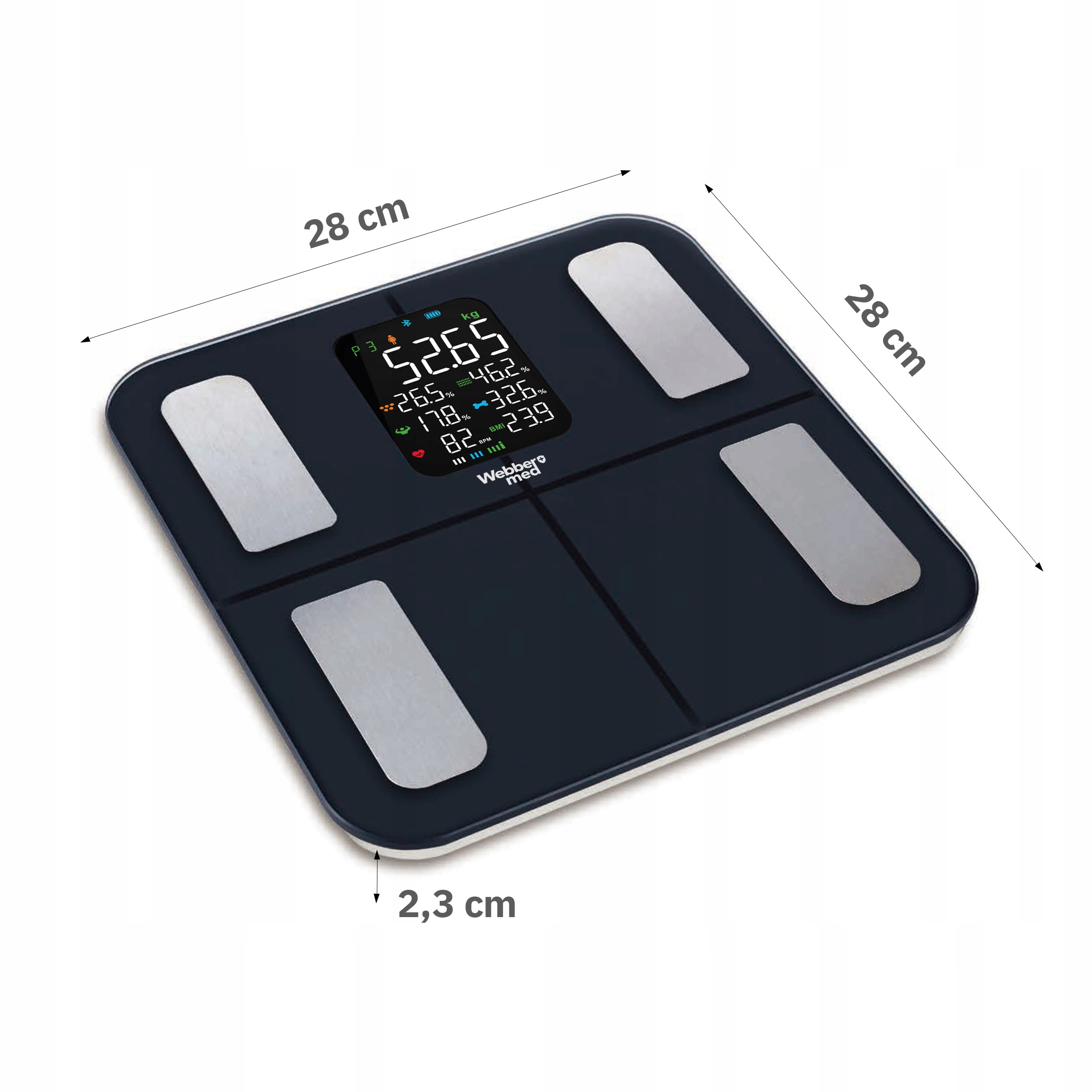 Waga cyfrowa z granatową powierzchnią. Wyświetla wagę, procenty i BMI. Wymiary są wskazane.