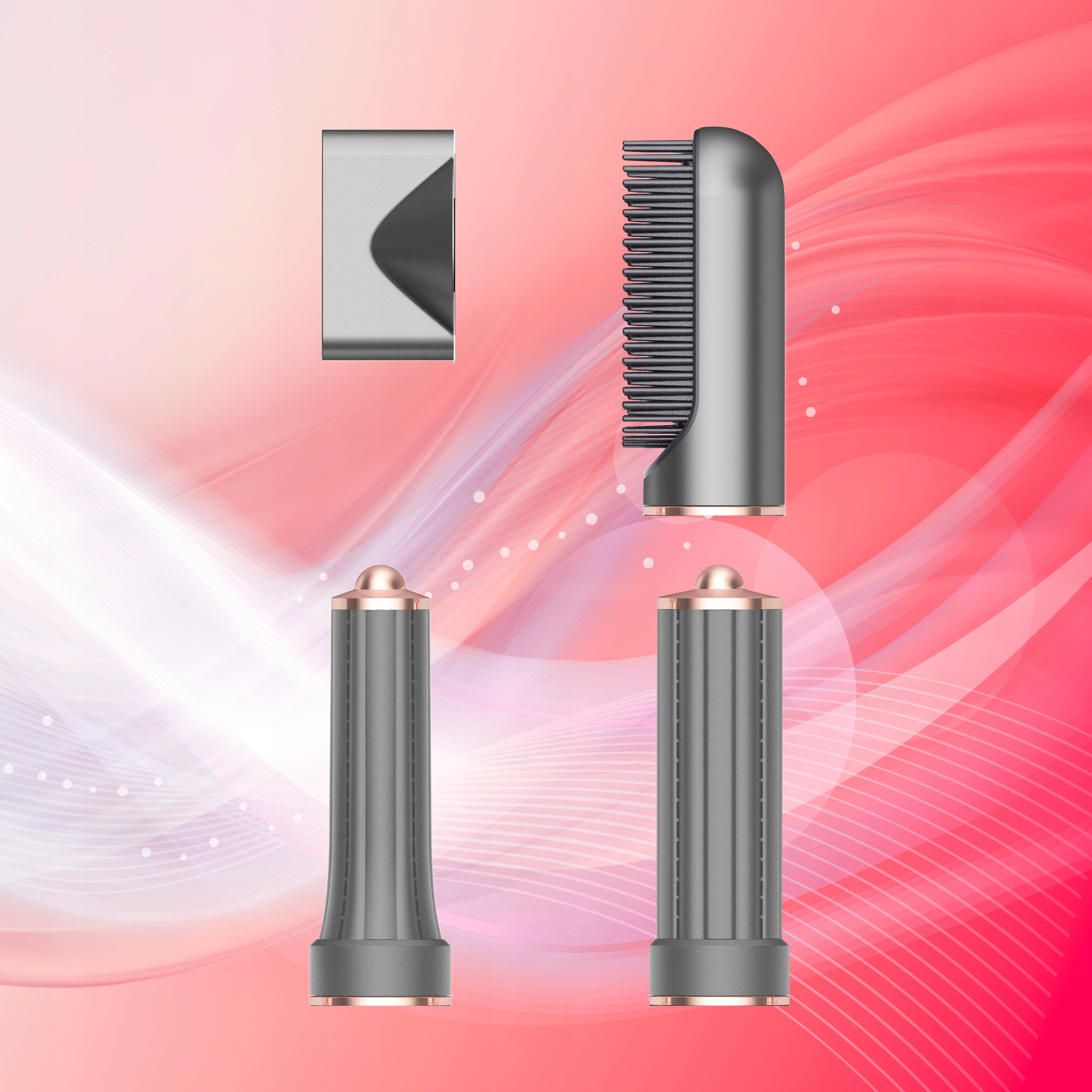 Elementy narzędzia do stylizacji włosów na różowym tle. Zawiera uchwyt, grzebień i złącze.