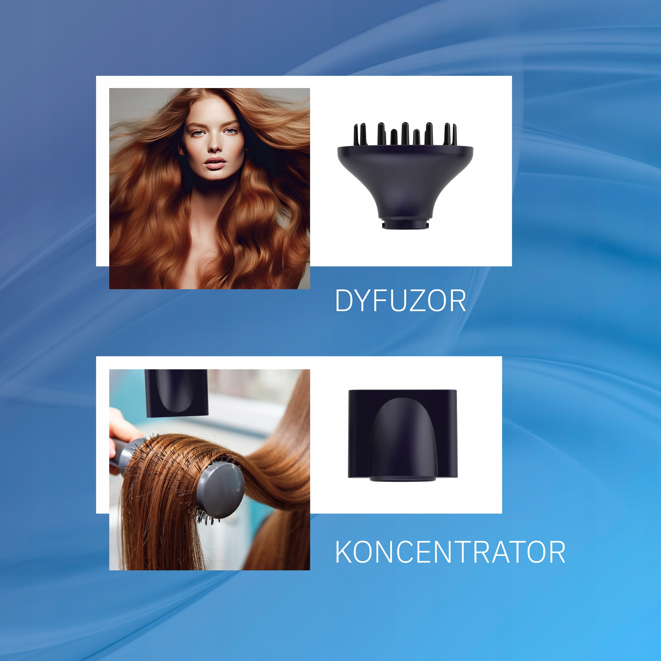 Obraz przedstawia narzędzia do stylizacji włosów i twarz kobiety. Etykiety tekstowe identyfikują dyfuzor i koncentrator.