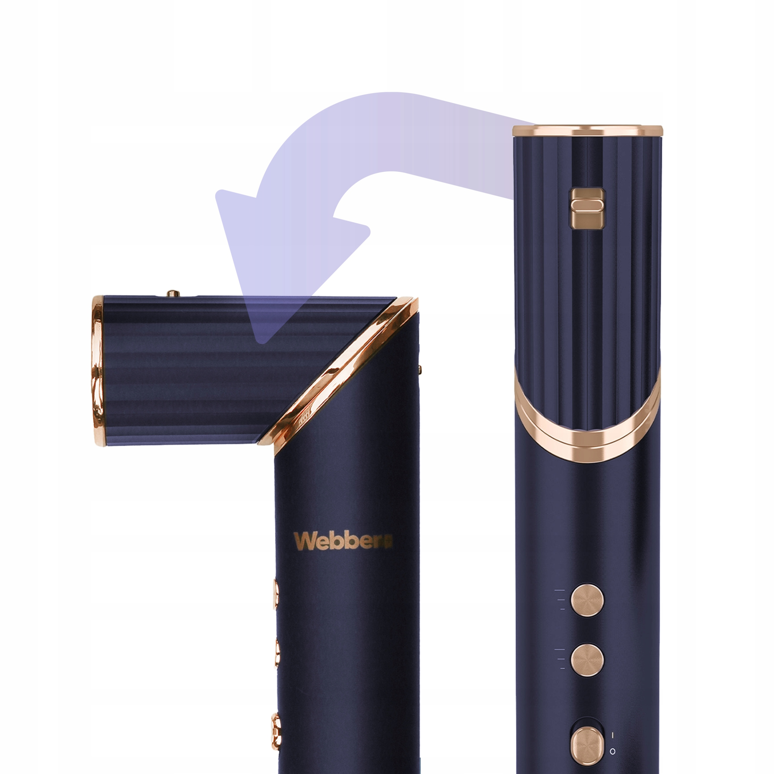 Ciemnoniebieska lokówka ze złotymi akcentami. Strzałka wskazuje, że lokówka może się składać.