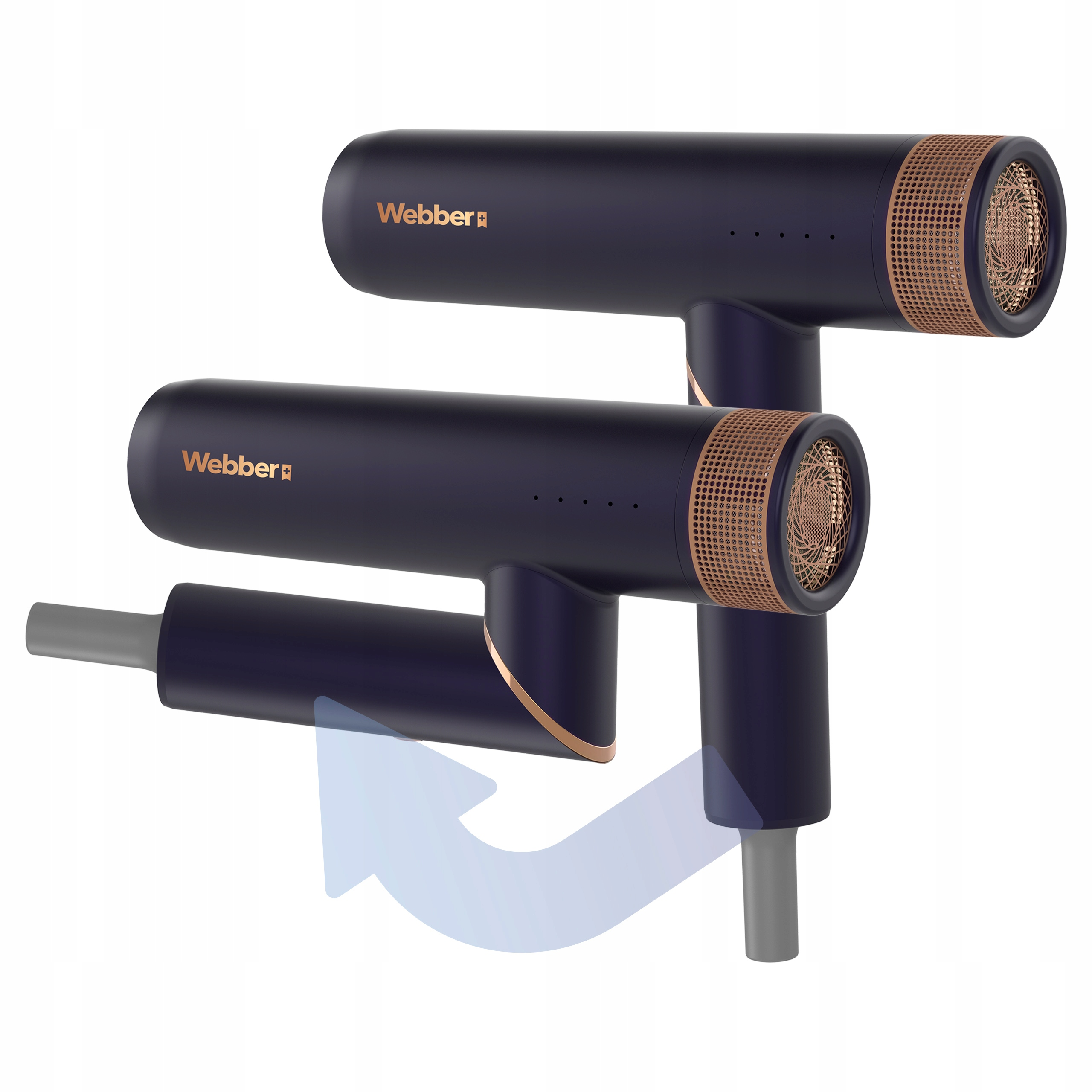 Dwie granatowe suszarki do włosów Webber ze złotymi akcentami, jedna obrócona ze strzałką na białym tle.
