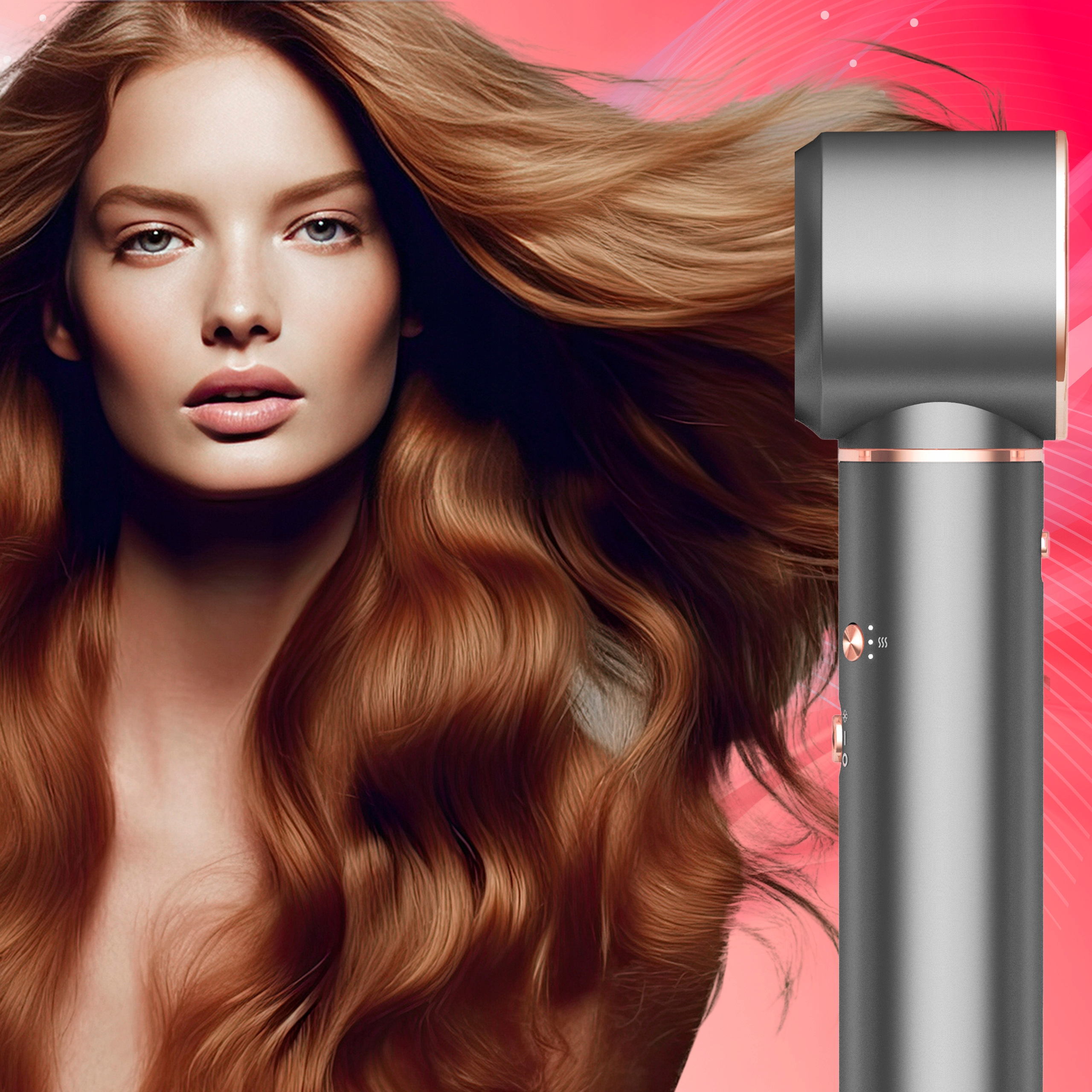 Kobieta z płynącymi rudymi włosami, patrząca w kamerę. Suszarka do włosów jest po prawej stronie.