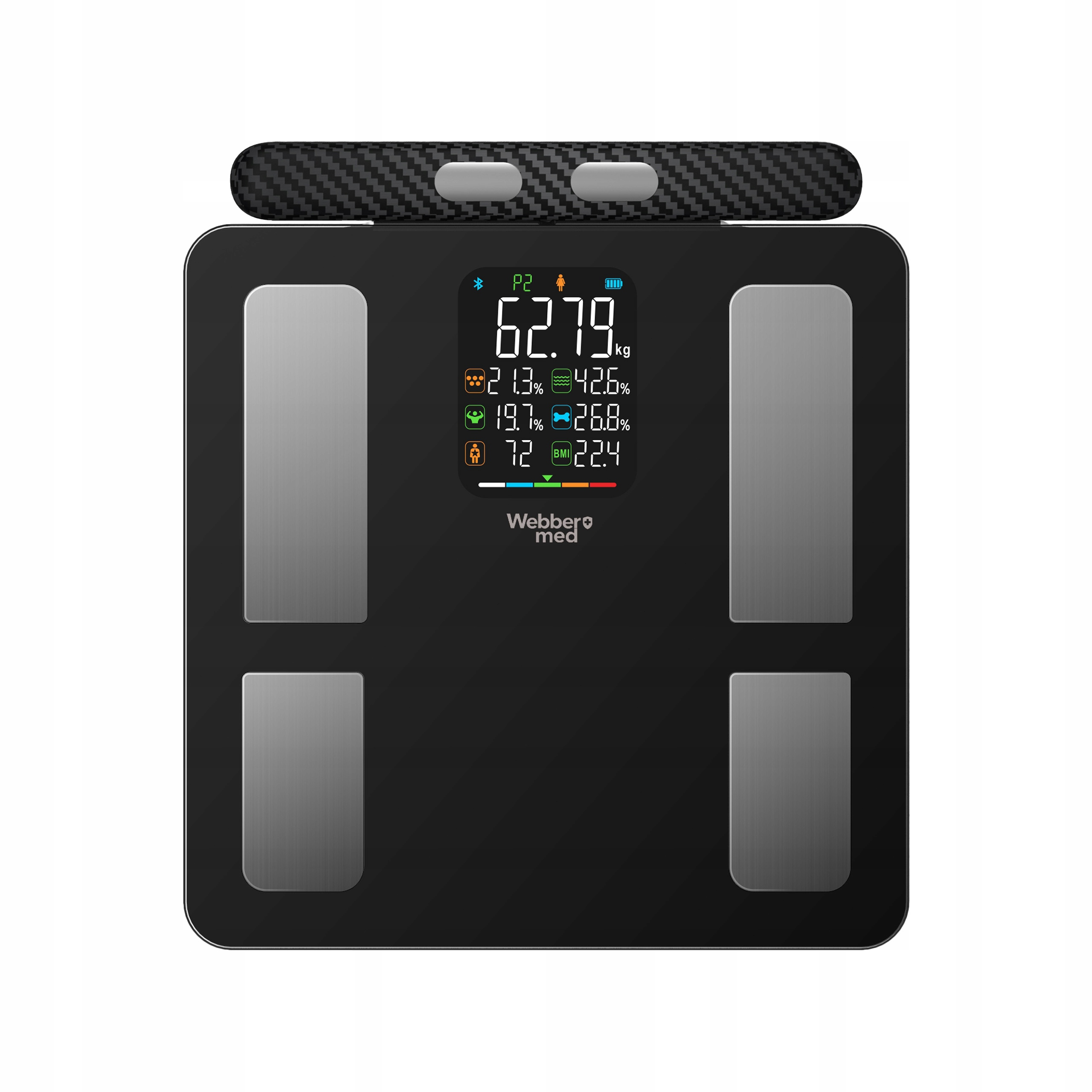 Czarna inteligentna waga pokazuje wagę 62,79 kg, z danymi o składzie ciała na ekranie.