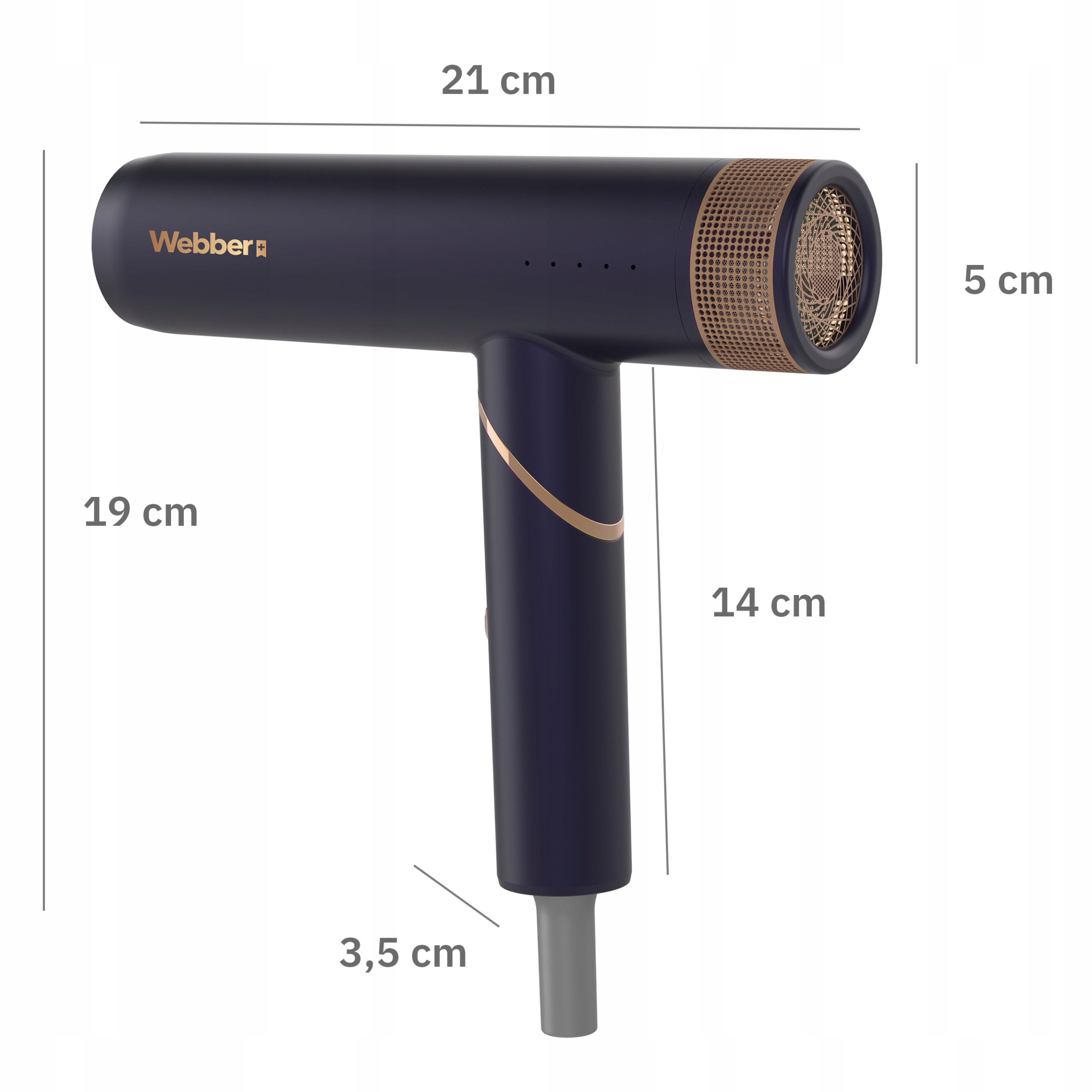 Ciemnoniebieska suszarka do włosów ze złotymi akcentami. Ma wymiary. Marka to Webber.