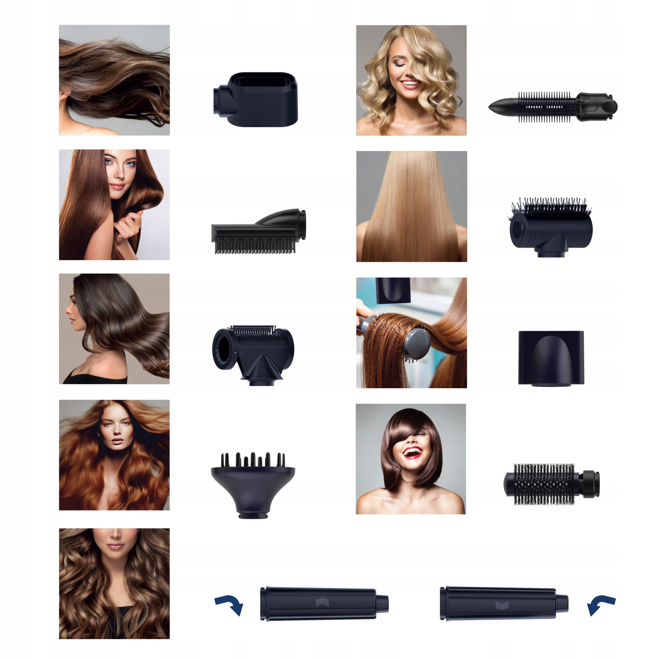 Zdjęcie przedstawia różne narzędzia do stylizacji włosów i kobiety z różnymi fryzurami. Pokazano również części suszarki do włosów.