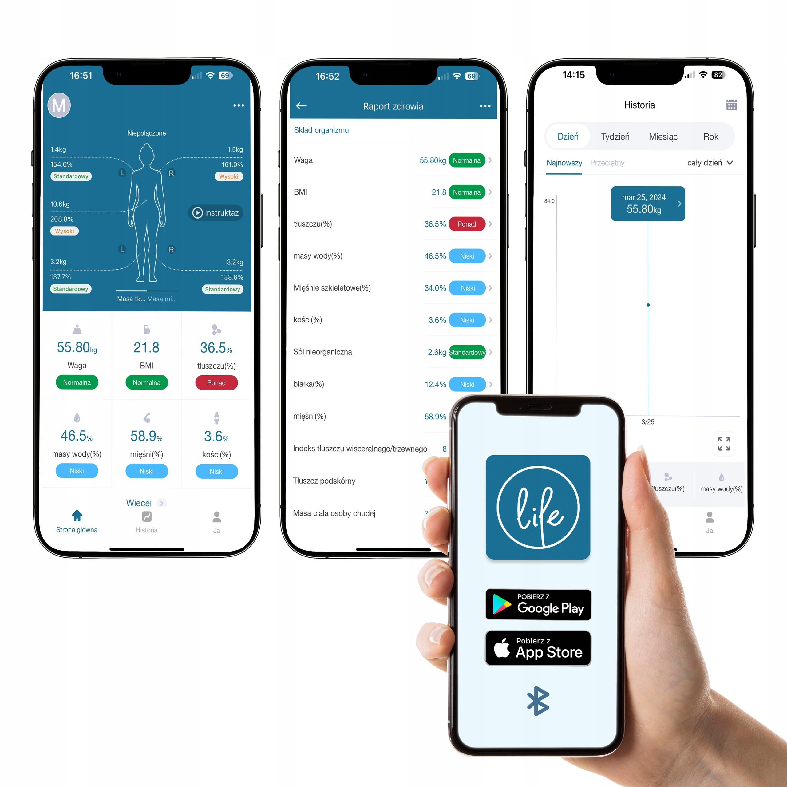 Trzy smartfony wyświetlające dane zdrowotne, opcje pobierania aplikacji i dłoń trzymająca urządzenie.