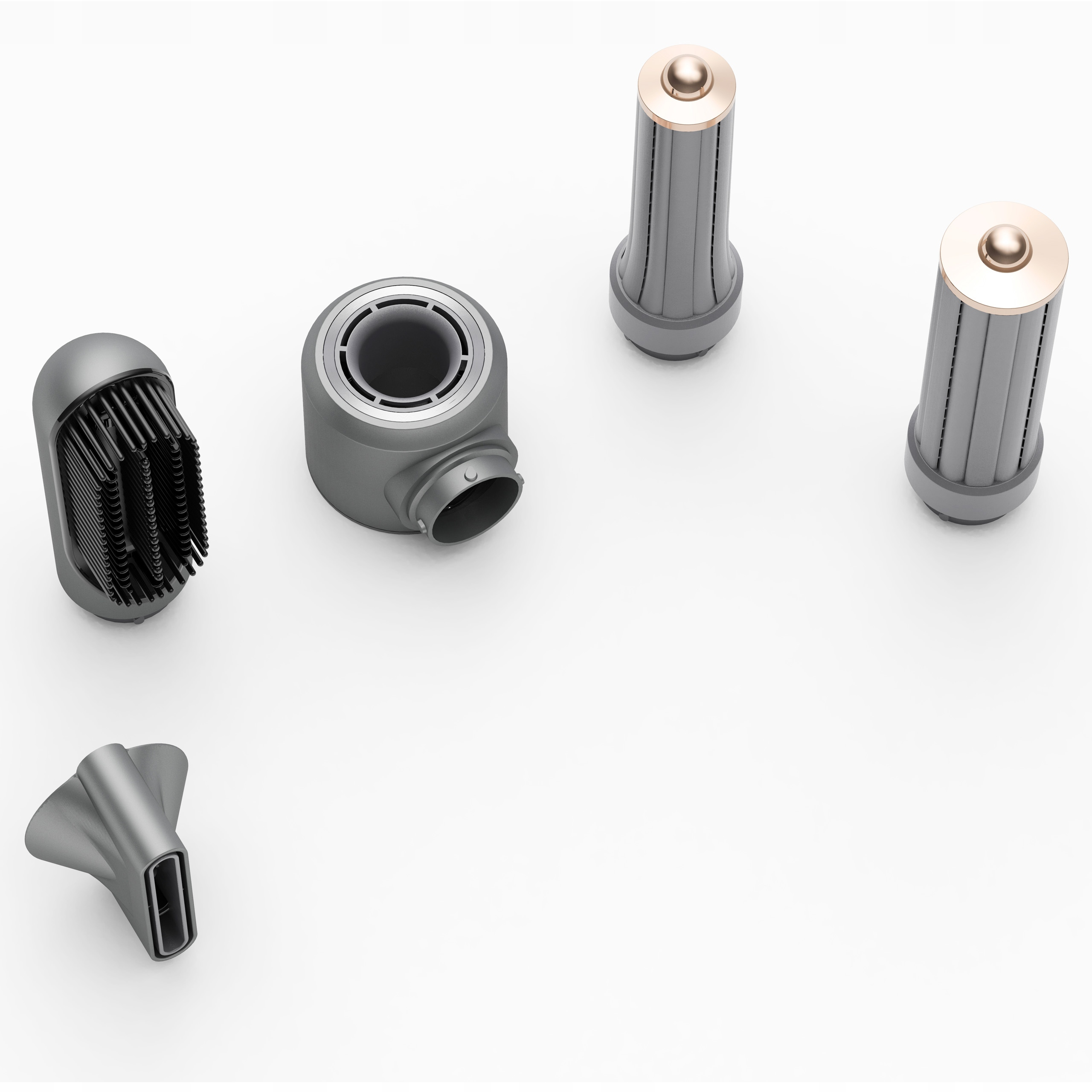 Szare elementy suszarki do włosów na białej powierzchni. Zawiera nasadki i główkę szczotki.