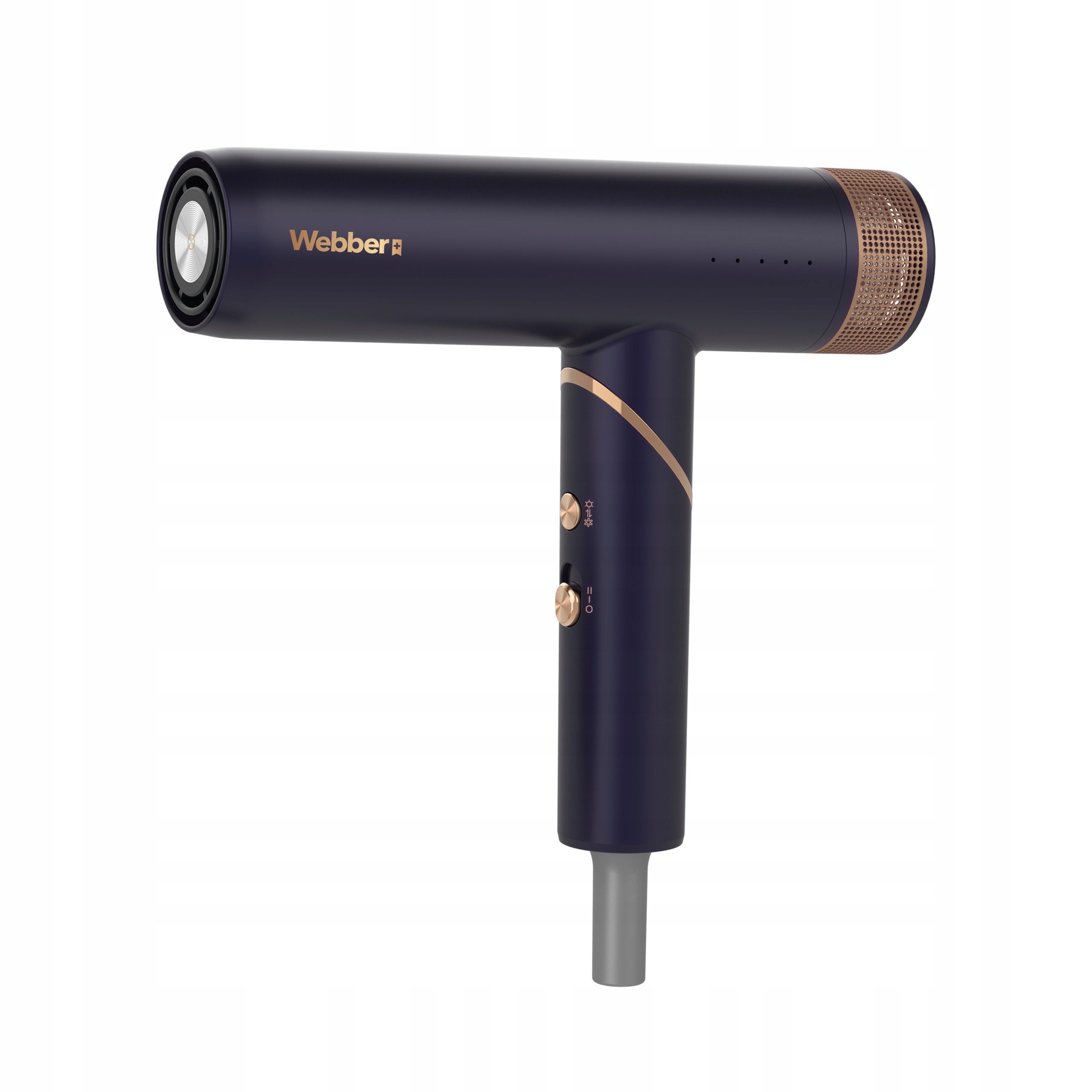 Ciemnoniebieska suszarka do włosów Webber ze złotymi akcentami. Ma kształt litery T i złotą siatkę na jednym końcu.