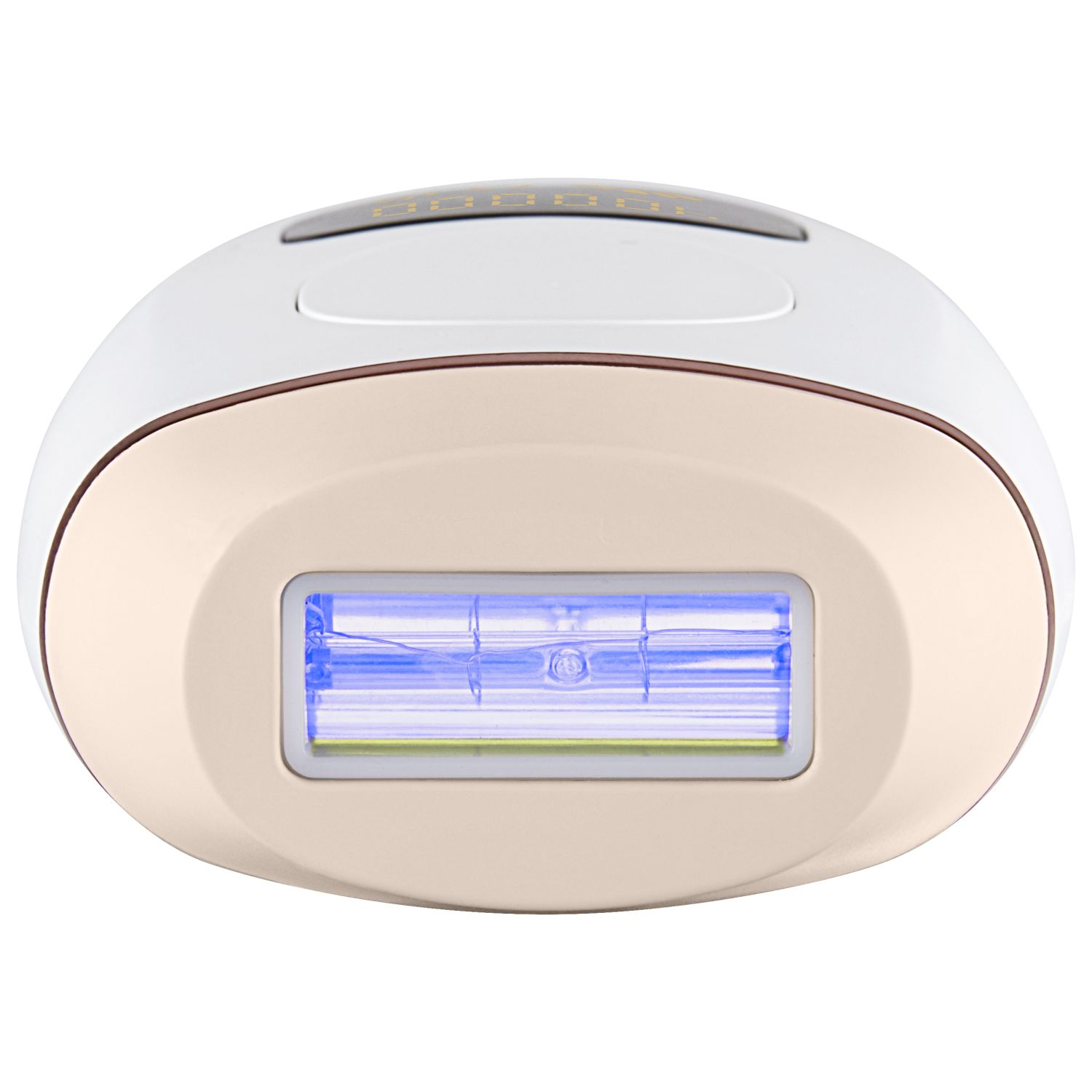 Biały i beżowy depilator. Posiada niebieskie źródło światła i wyświetlacz na górze. Urządzenie znajduje się na białym tle.