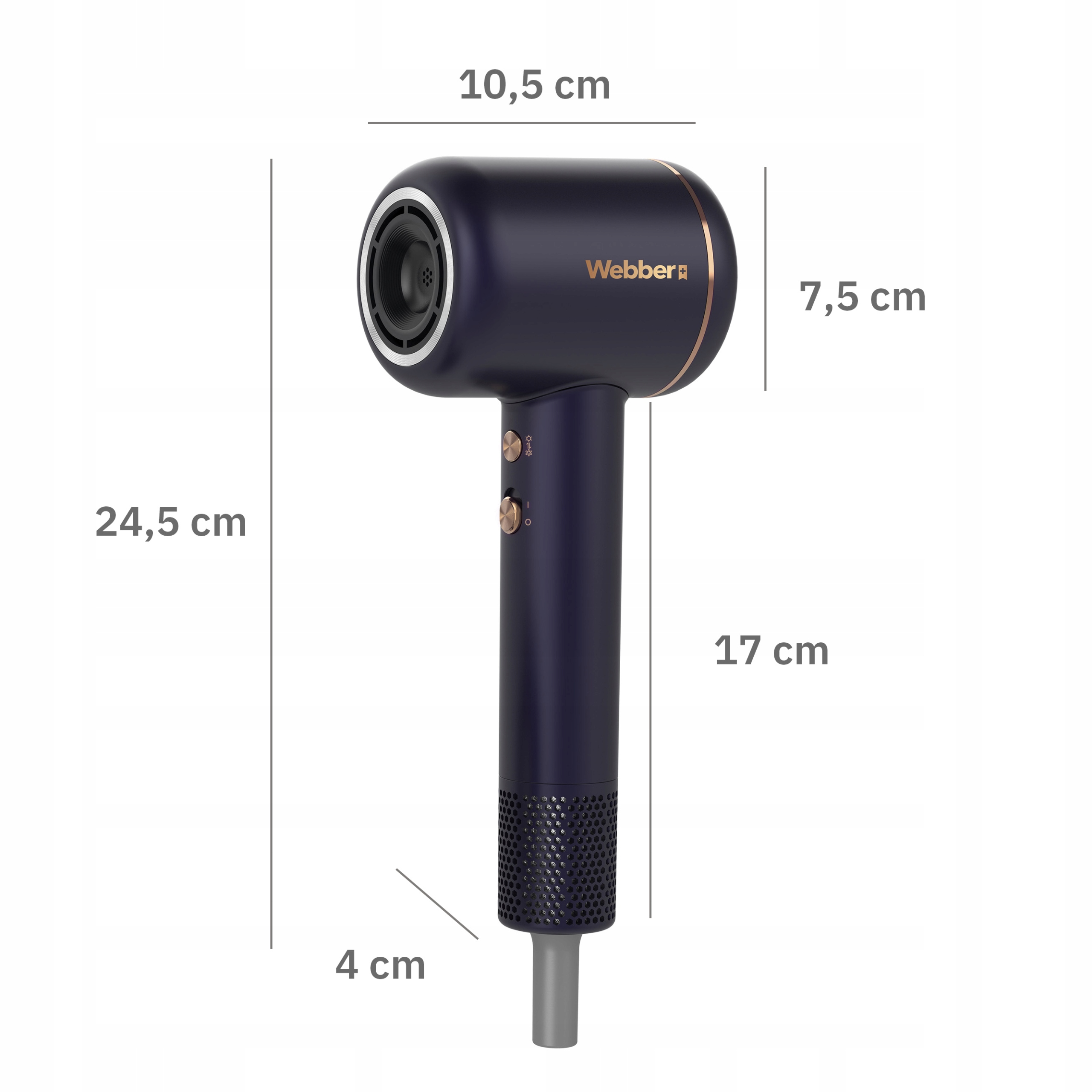 Ciemnoniebieska suszarka do włosów Webber ze złotymi akcentami. Wymiary to: 24,5 cm wysokości, 10,5 cm szerokości i 7,5 cm głębokości.