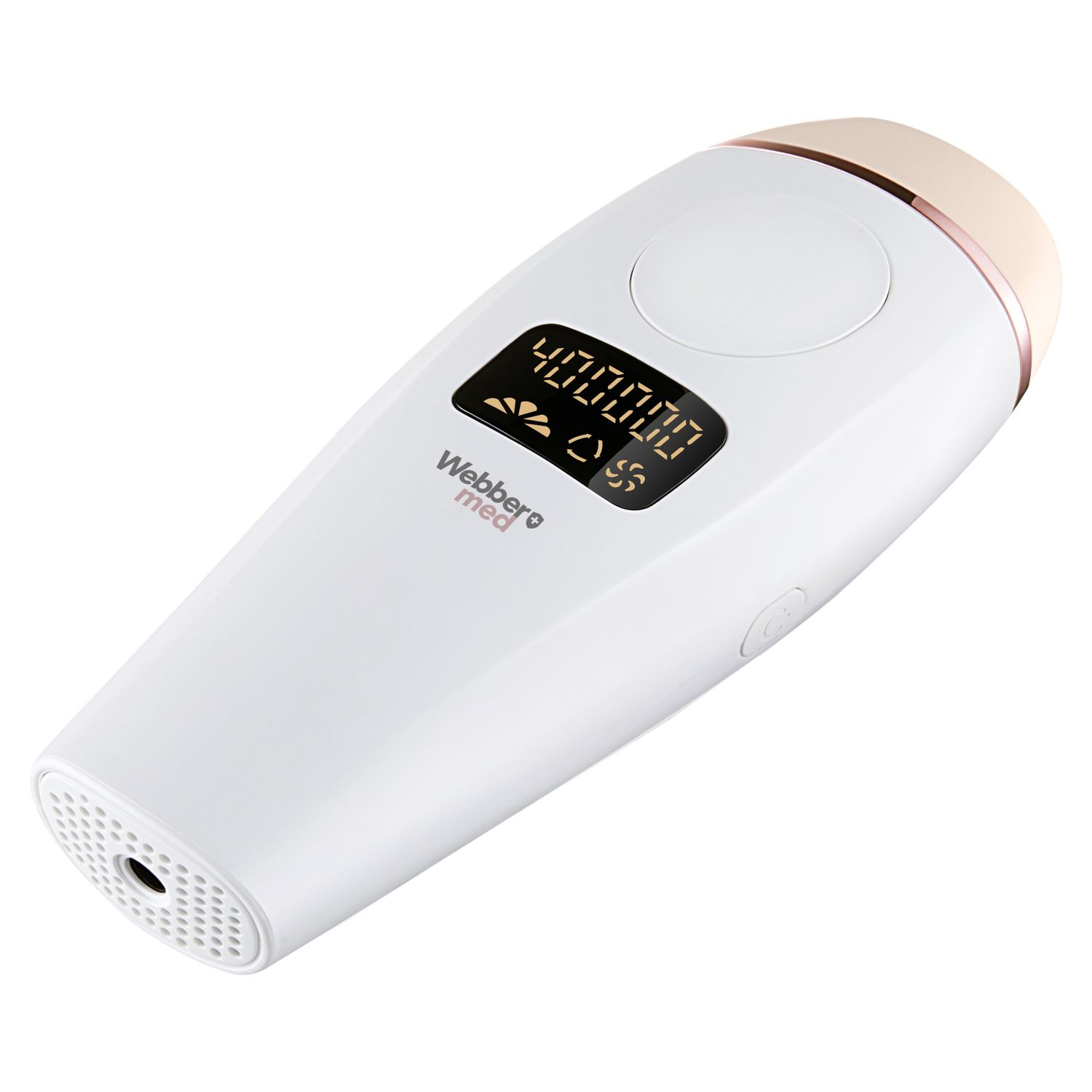 Białe i różowo-złote urządzenie do usuwania włosów, z cyfrowym wyświetlaczem pokazującym '400000'. Widoczna jest marka 'Webber med'.
