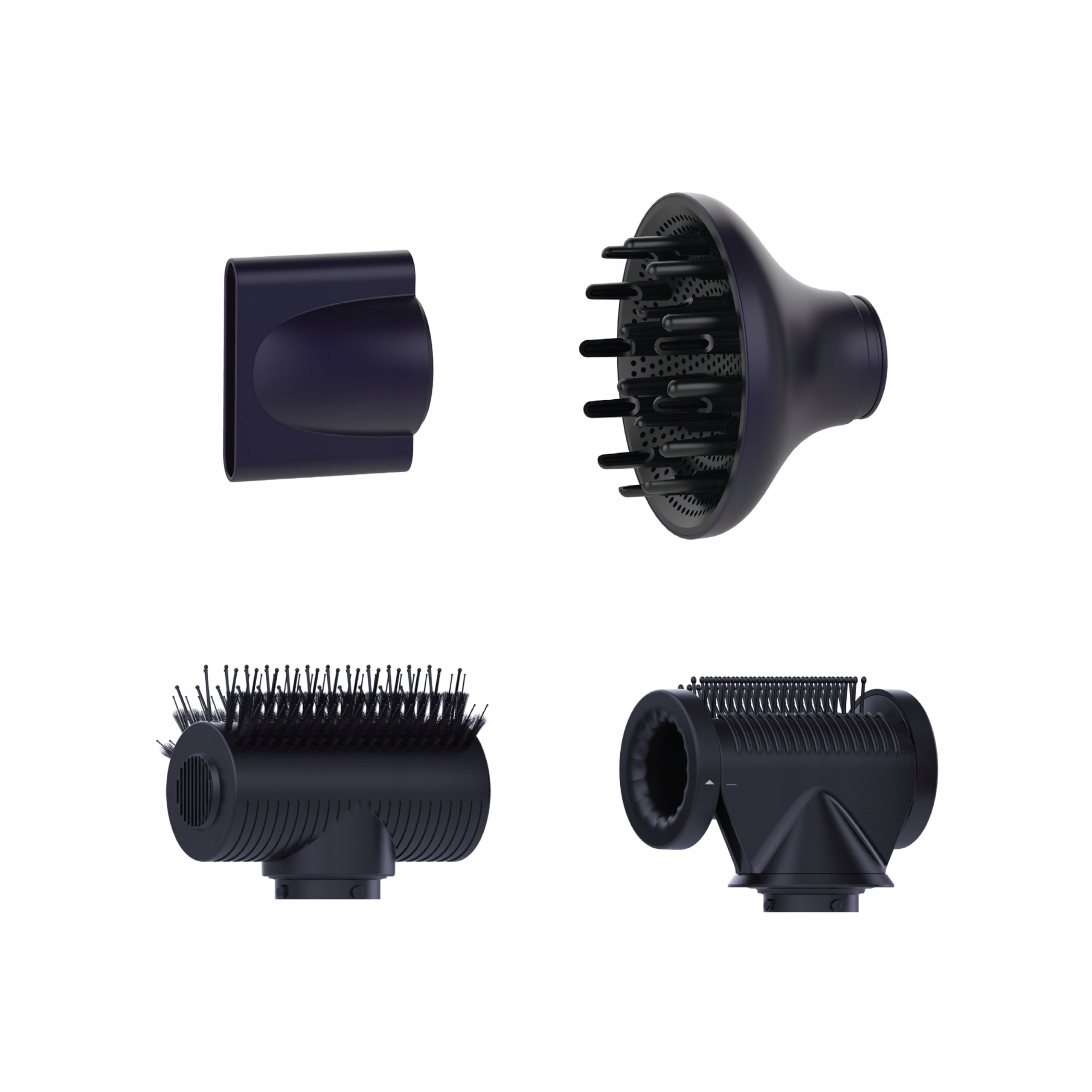 Cztery czarne nasadki do suszarki do włosów na białym tle. Każdy ma inny kształt i funkcję.