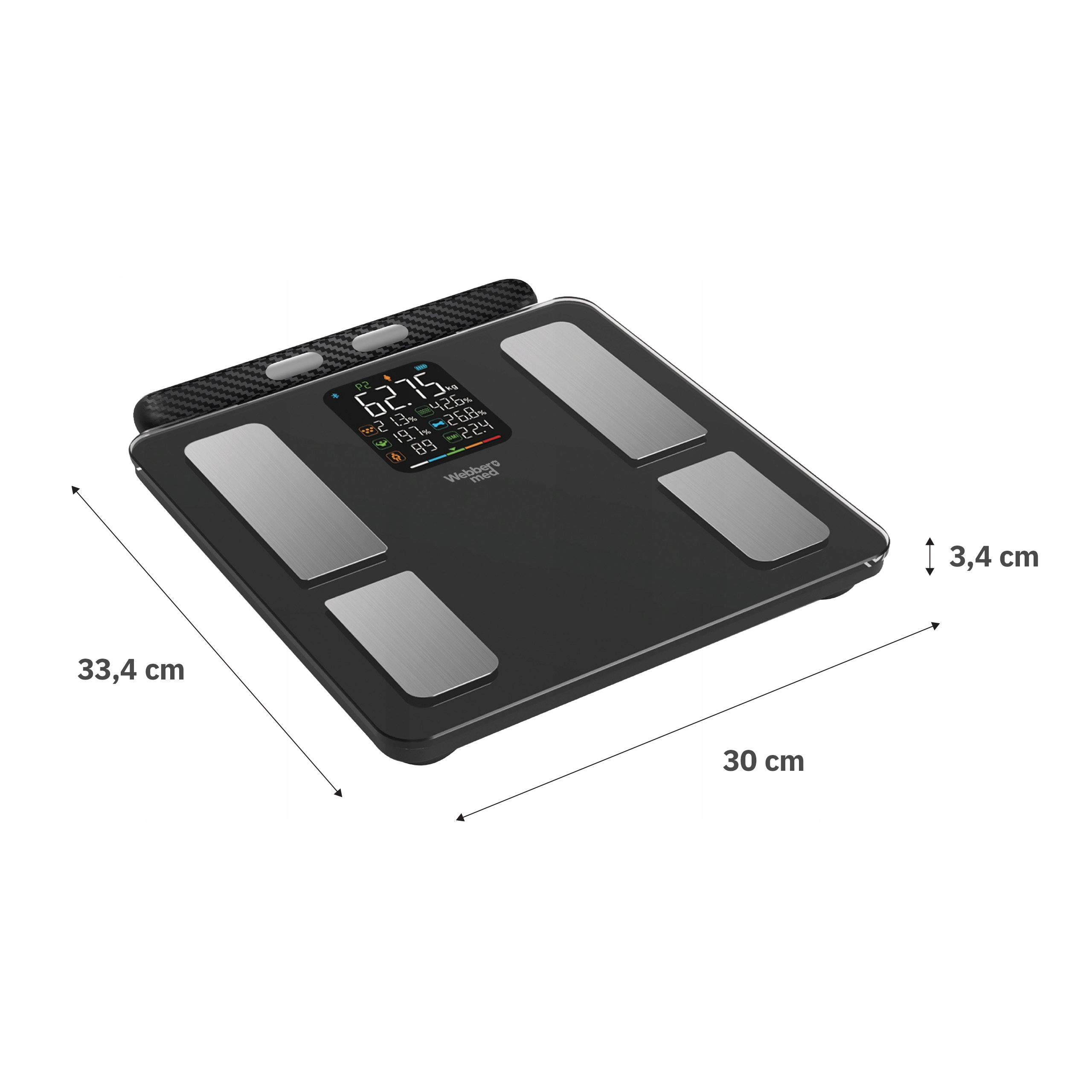 Czarna waga cyfrowa ze srebrnymi platformami, wyświetlająca wagę i pomiary ciała. Wymiary są pokazane.