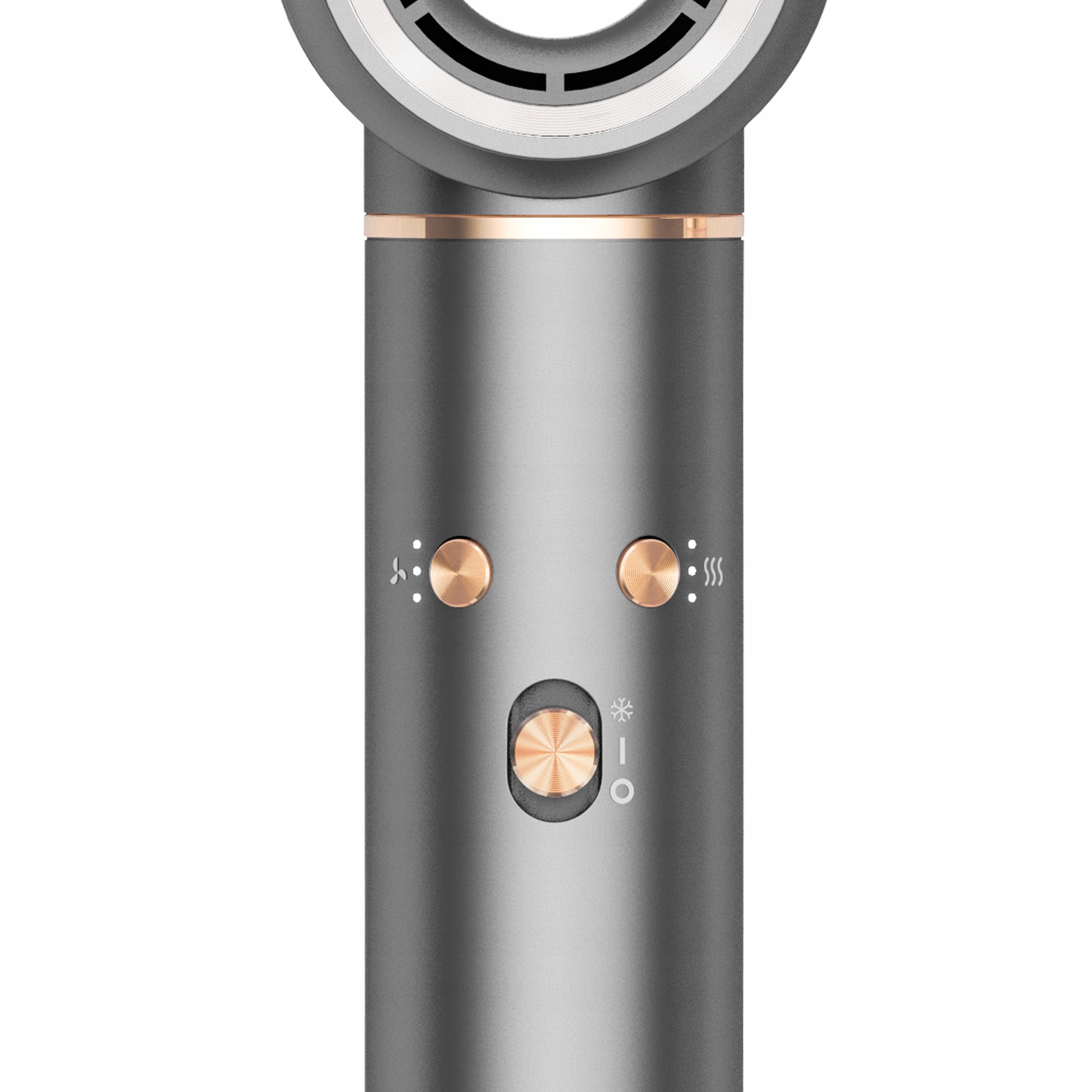 Szara suszarka do włosów ze złotymi akcentami. Ma przyciski i wygląd wiatraka.