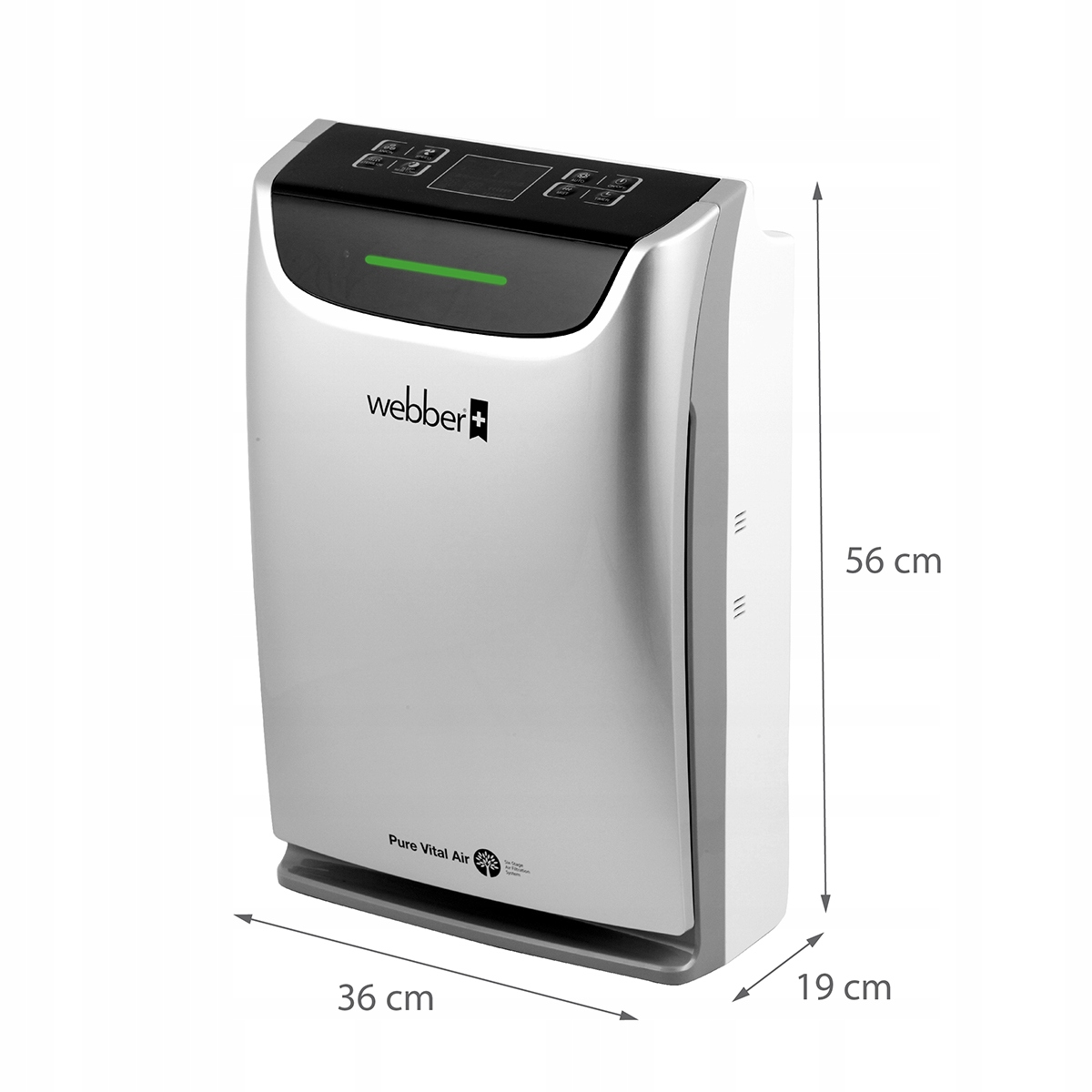 Srebrny oczyszczacz powietrza z czarnym blatem i zielonym światłem, oznaczony jako 'webber+'. Wymiary: 36cm x 19cm x 56cm. Wydrukowano 'Pure Vital Air'.