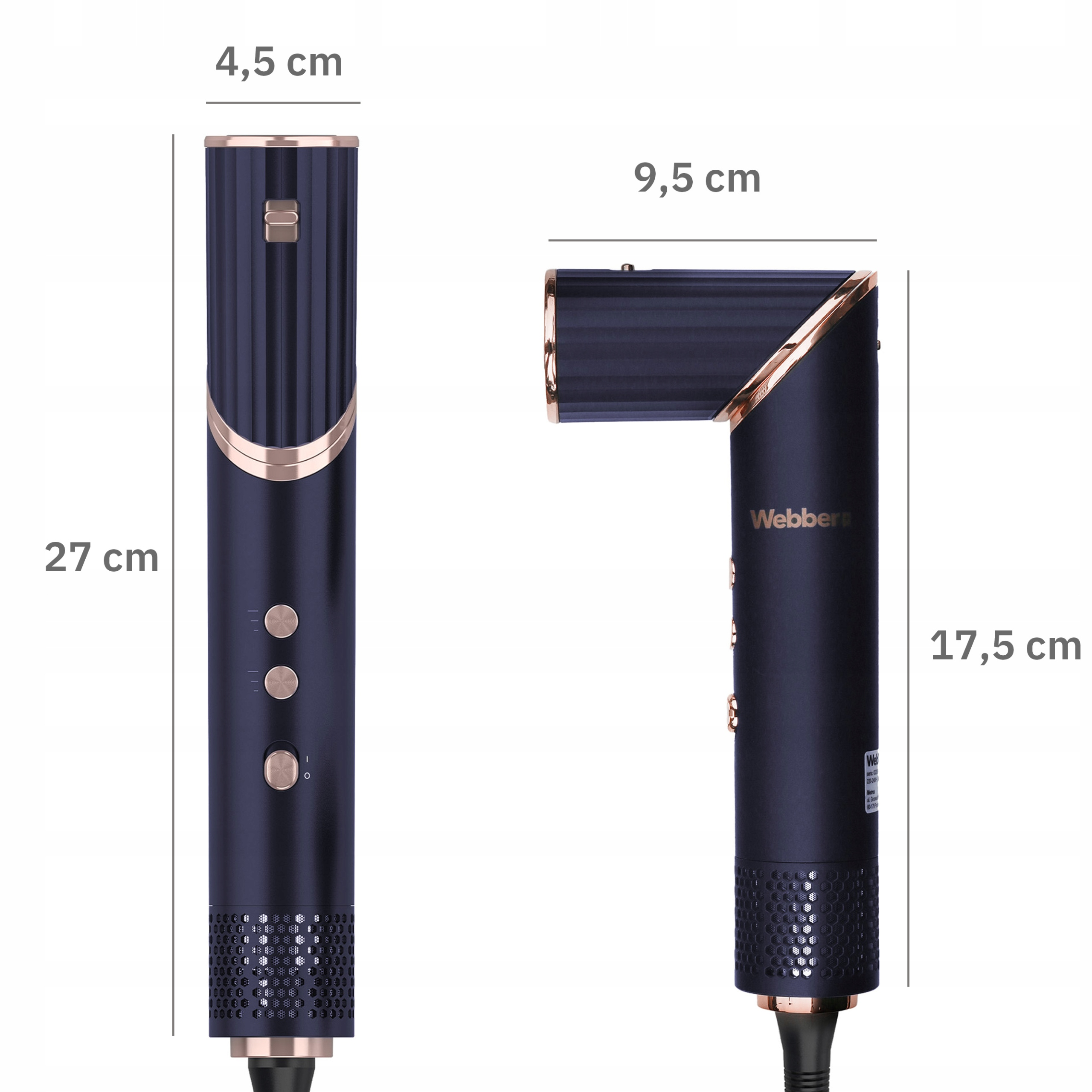Obraz przedstawia ciemnoniebieskie narzędzie do stylizacji włosów ze złotymi akcentami. Ma wymiary 27 cm, 17,5 cm i 4,5 cm.