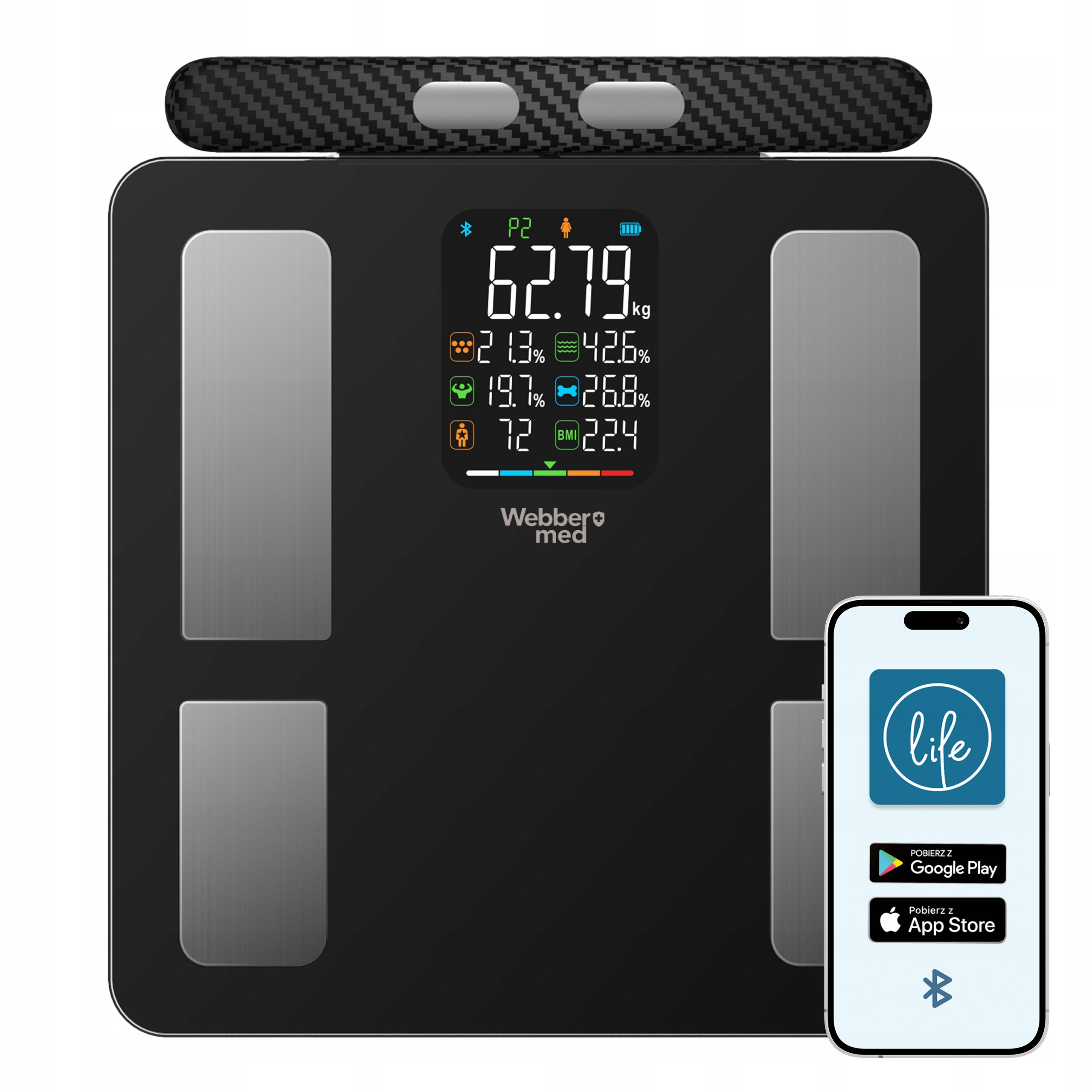 Czarna inteligentna waga wyświetla wagę i skład ciała. Smartfon pokazuje aplikację 'life'.