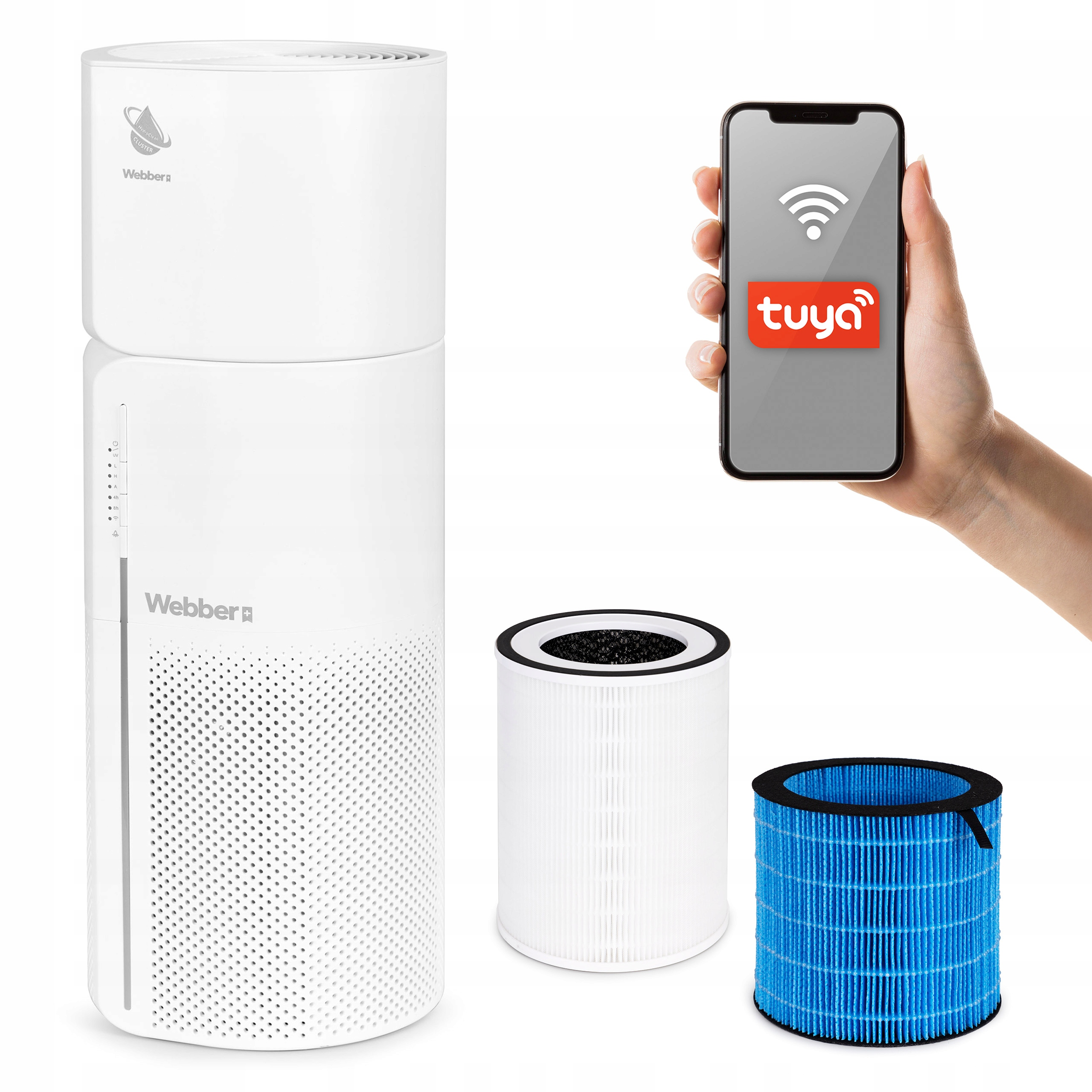 Biały oczyszczacz powietrza, filtr i telefon z sygnałem Wi-Fi. Ręka trzyma telefon z logo Tuya.