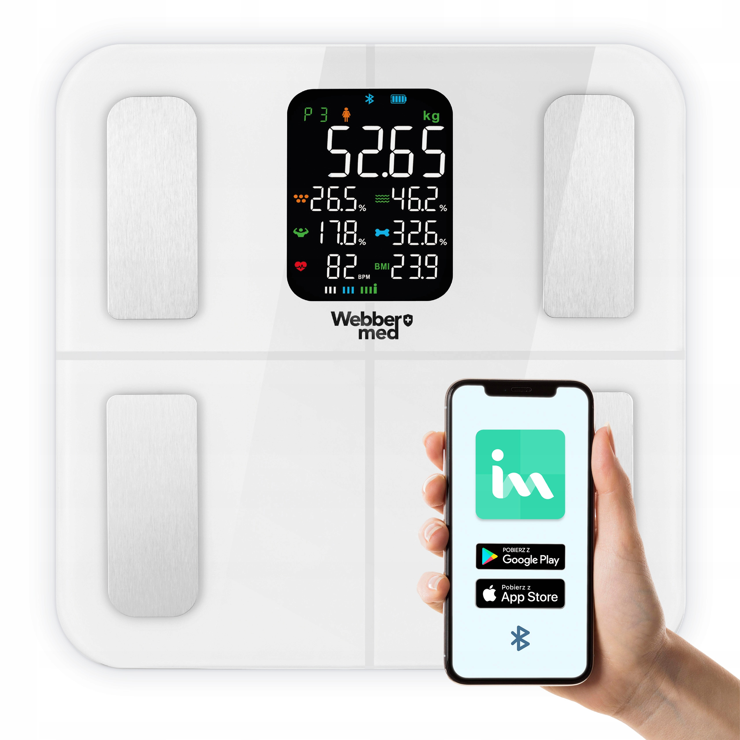 Biała waga cyfrowa z wyświetlaczem pokazującym wagę i metryki zdrowotne. Ręka trzyma smartfon z aplikacją.