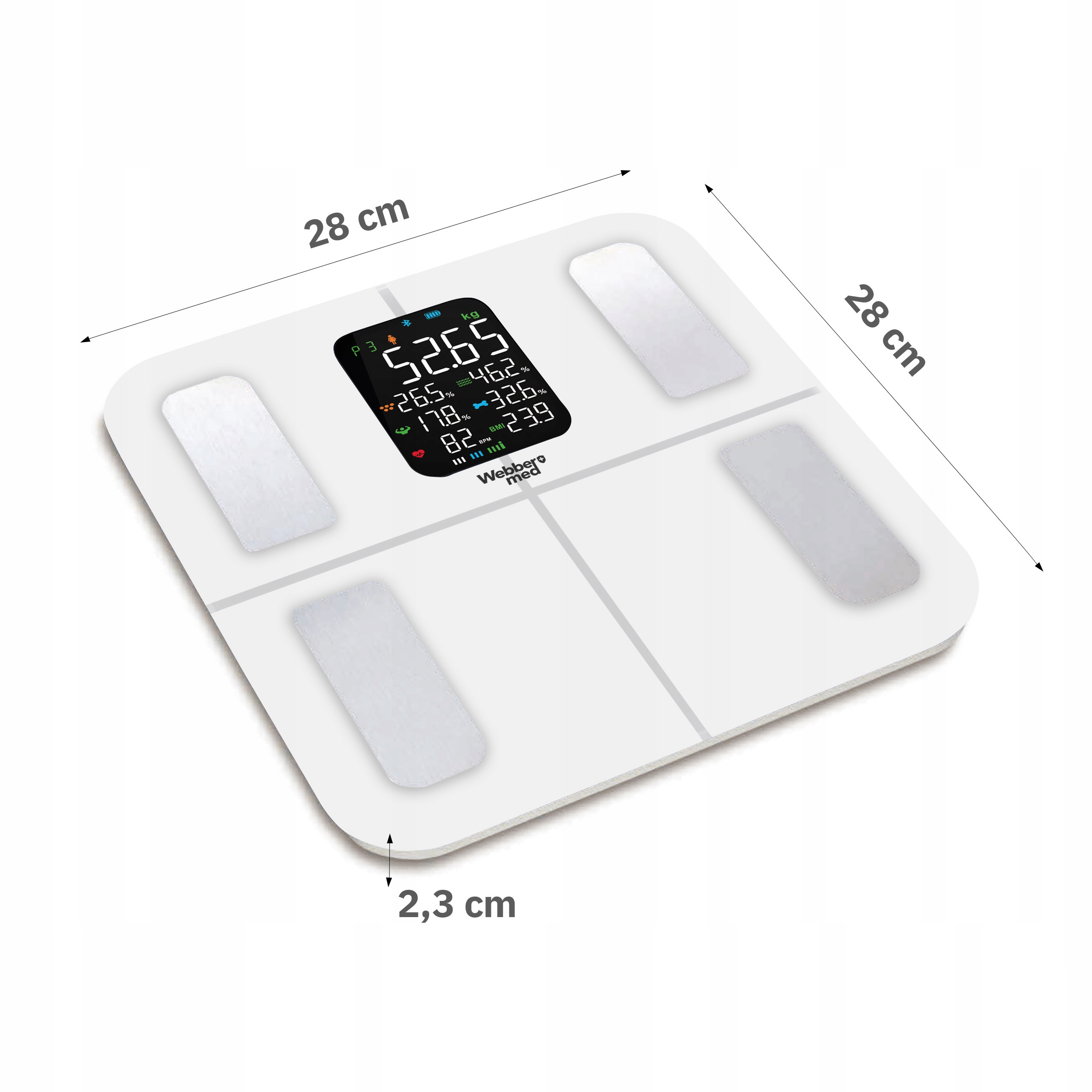 Biała waga cyfrowa z czarnym wyświetlaczem pokazującym wagę i parametry ciała. Wymiary są oznaczone.