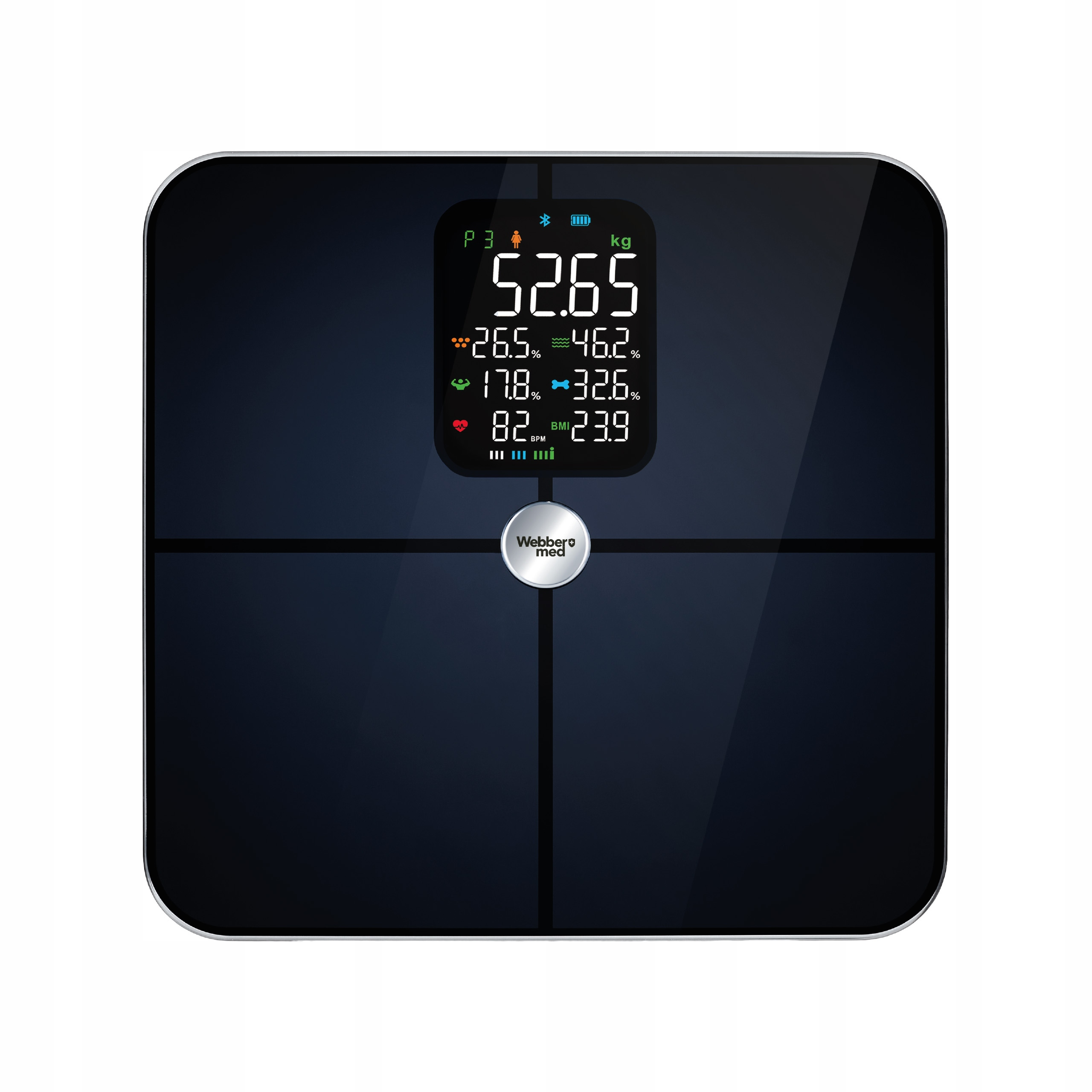 Waga cyfrowa z czarną powierzchnią. Wyświetla wagę, tkankę tłuszczową, masę mięśniową, wodę, masę kostną i tętno.