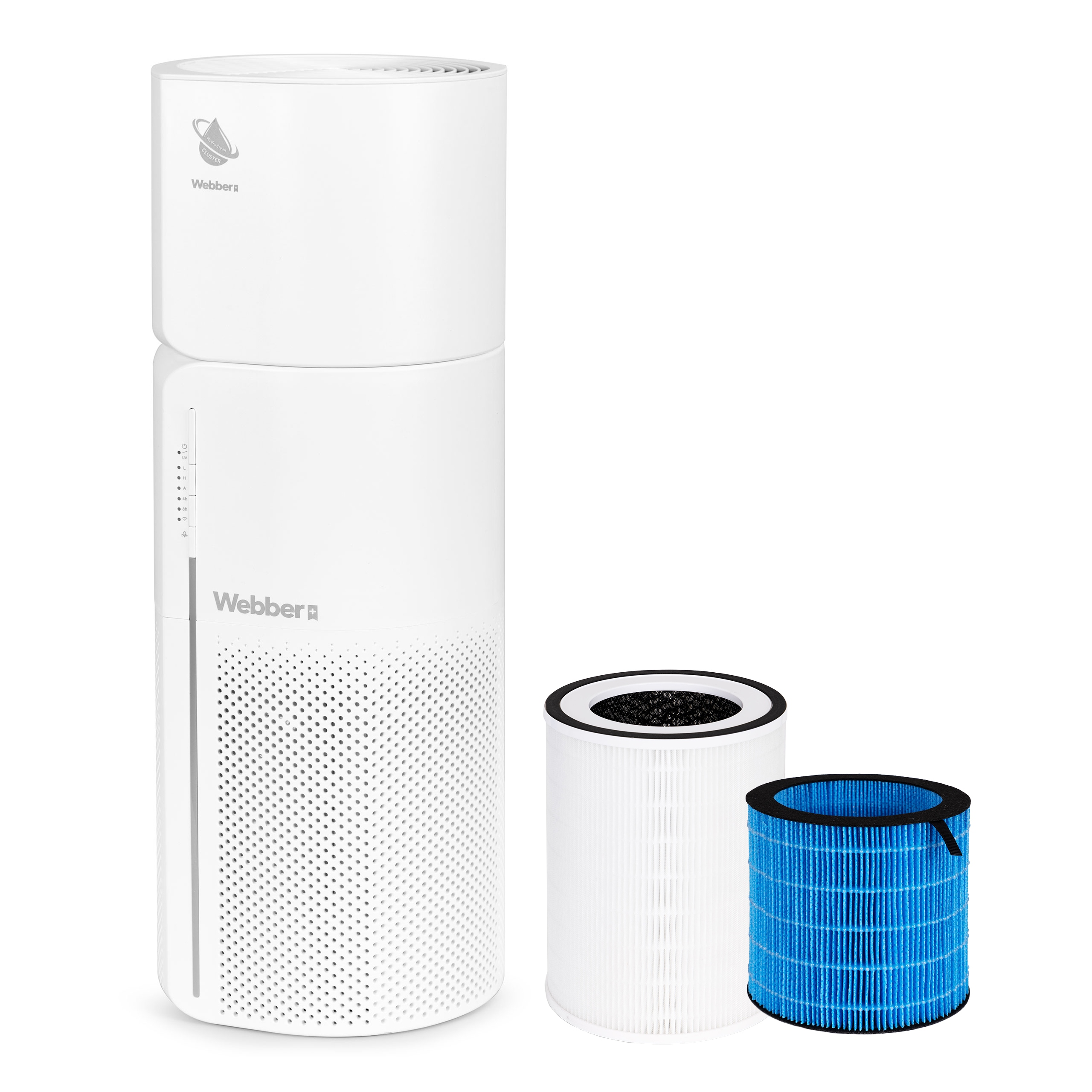 Biały oczyszczacz powietrza z filtrami. Dwa cylindryczne filtry, jeden niebieski i biały. Widoczne logo Webber.