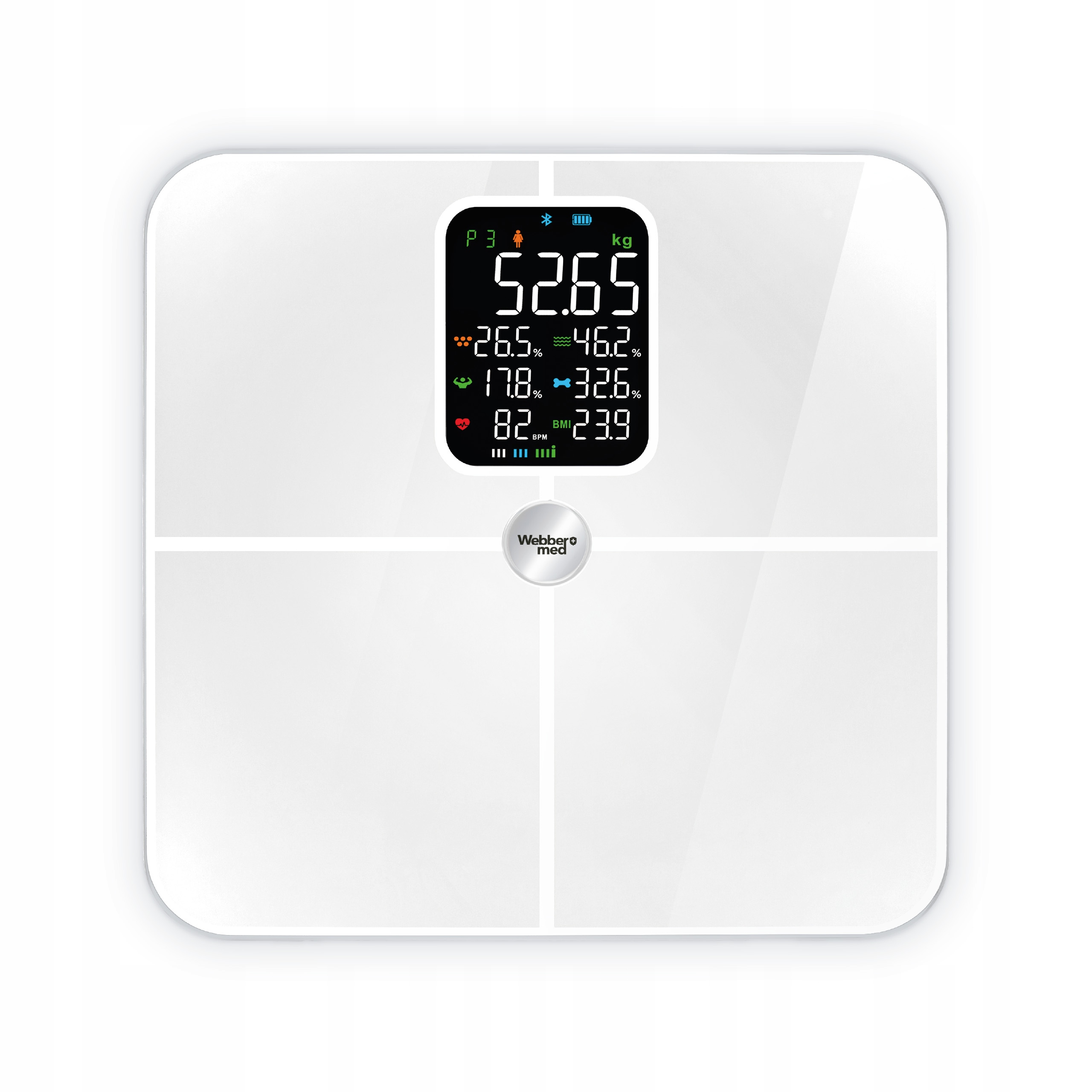 Biała waga cyfrowa wyświetla wagę (52,65 kg), tkankę tłuszczową, wodę, mięśnie, masę kostną i tętno.
