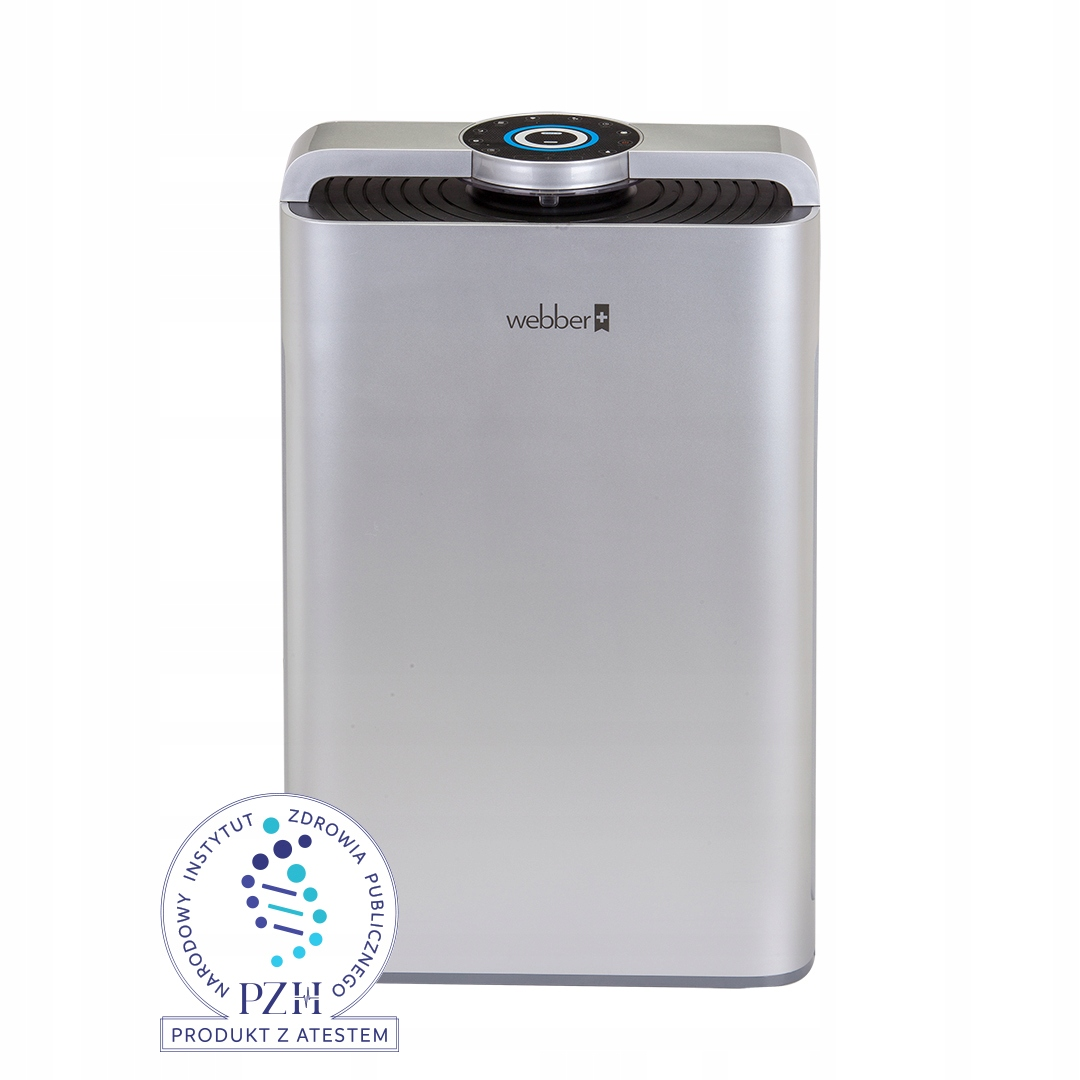 Srebrny oczyszczacz powietrza z czarnym blatem i niebieskim światłem. Widoczna marka "webber". Logo PZH na dole.