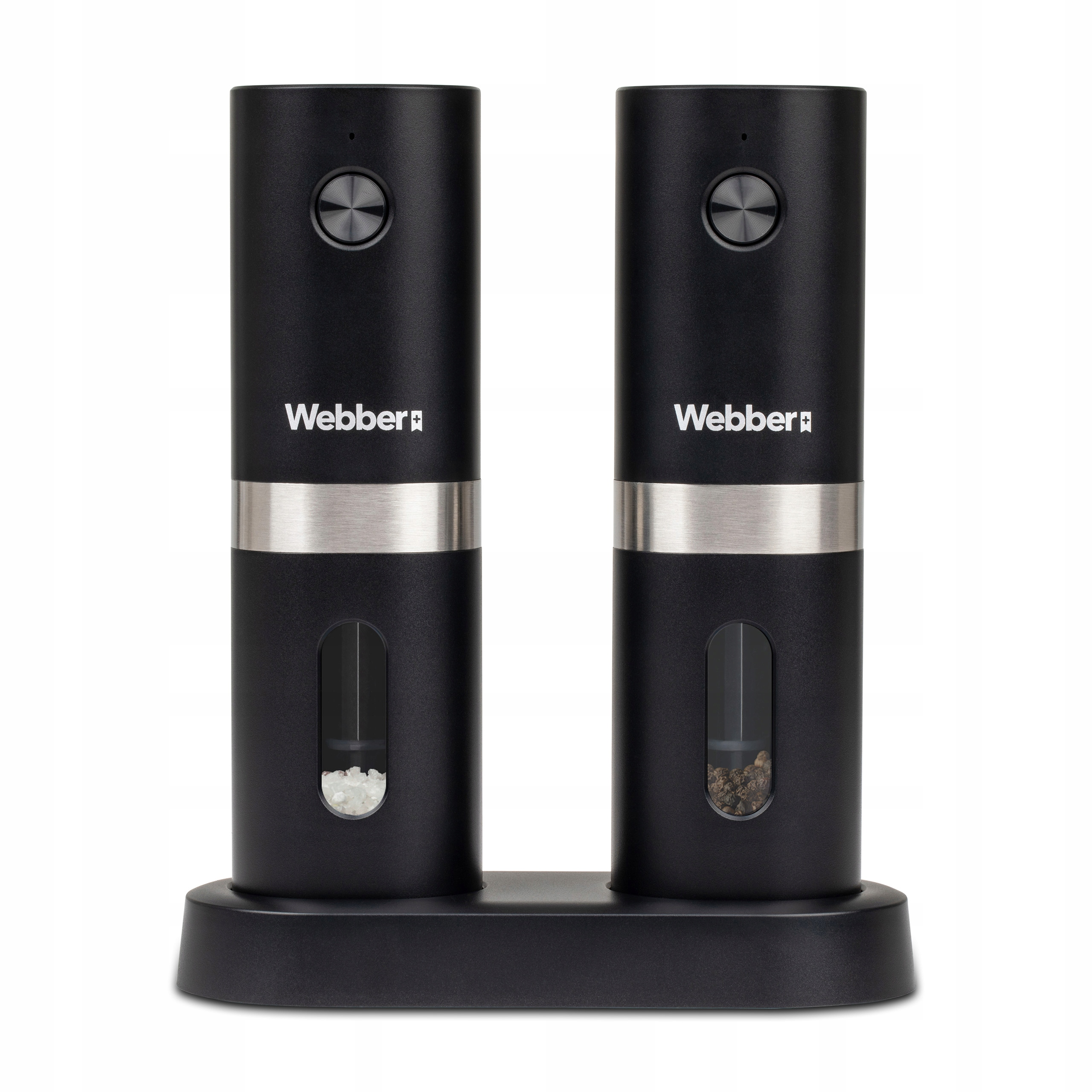 Dwa czarne elektryczne młynki do soli i pieprzu, marki Webber, na czarnej podstawie, widoczna sól i pieprz.
