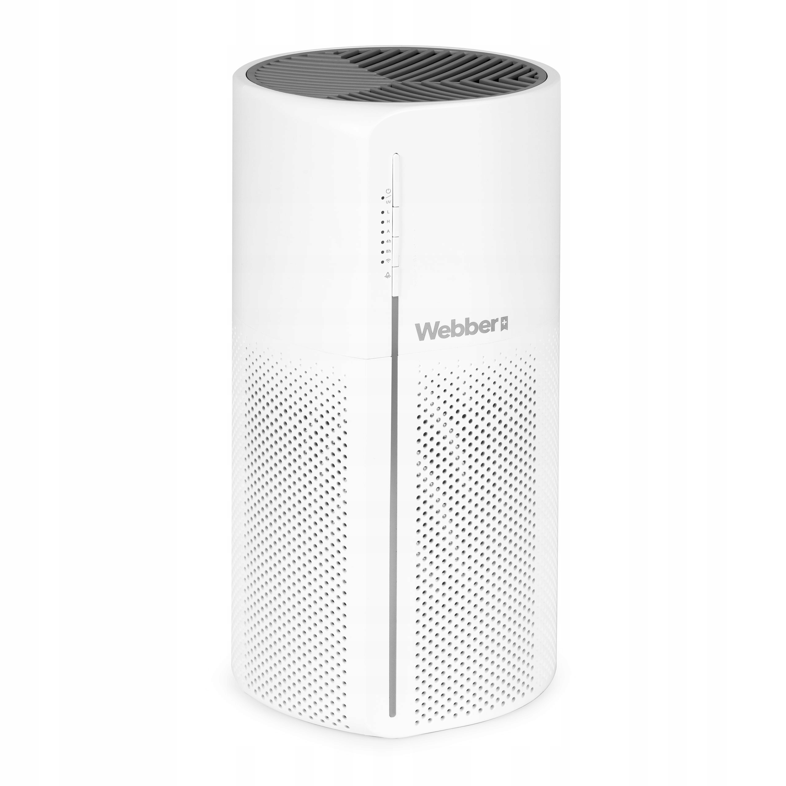 Biały oczyszczacz powietrza z szarą górą i panelem sterowania. Widoczne logo Webber.