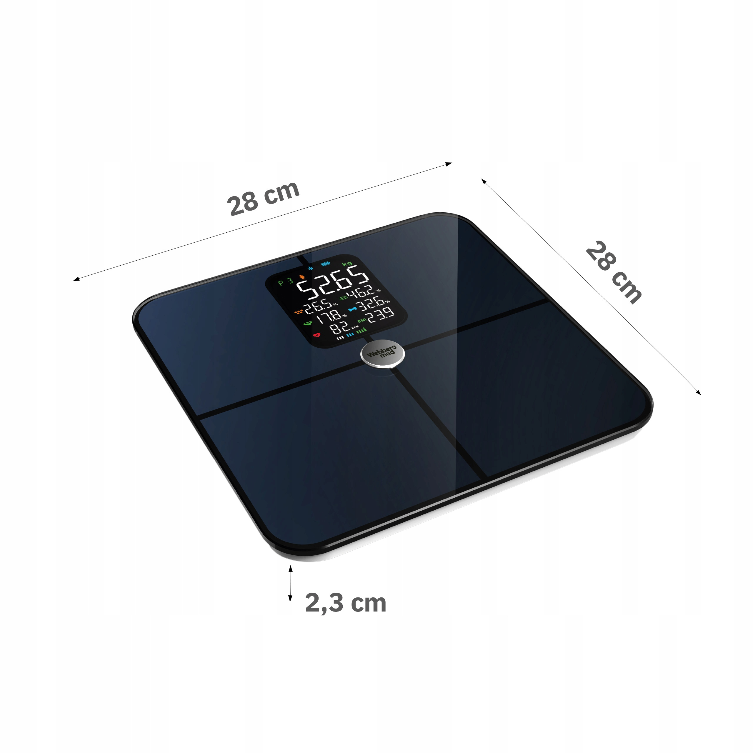 Czarna waga cyfrowa z wyświetlonymi pomiarami. Wymiary 28 cm x 28 cm x 2,3 cm. Białe tło.