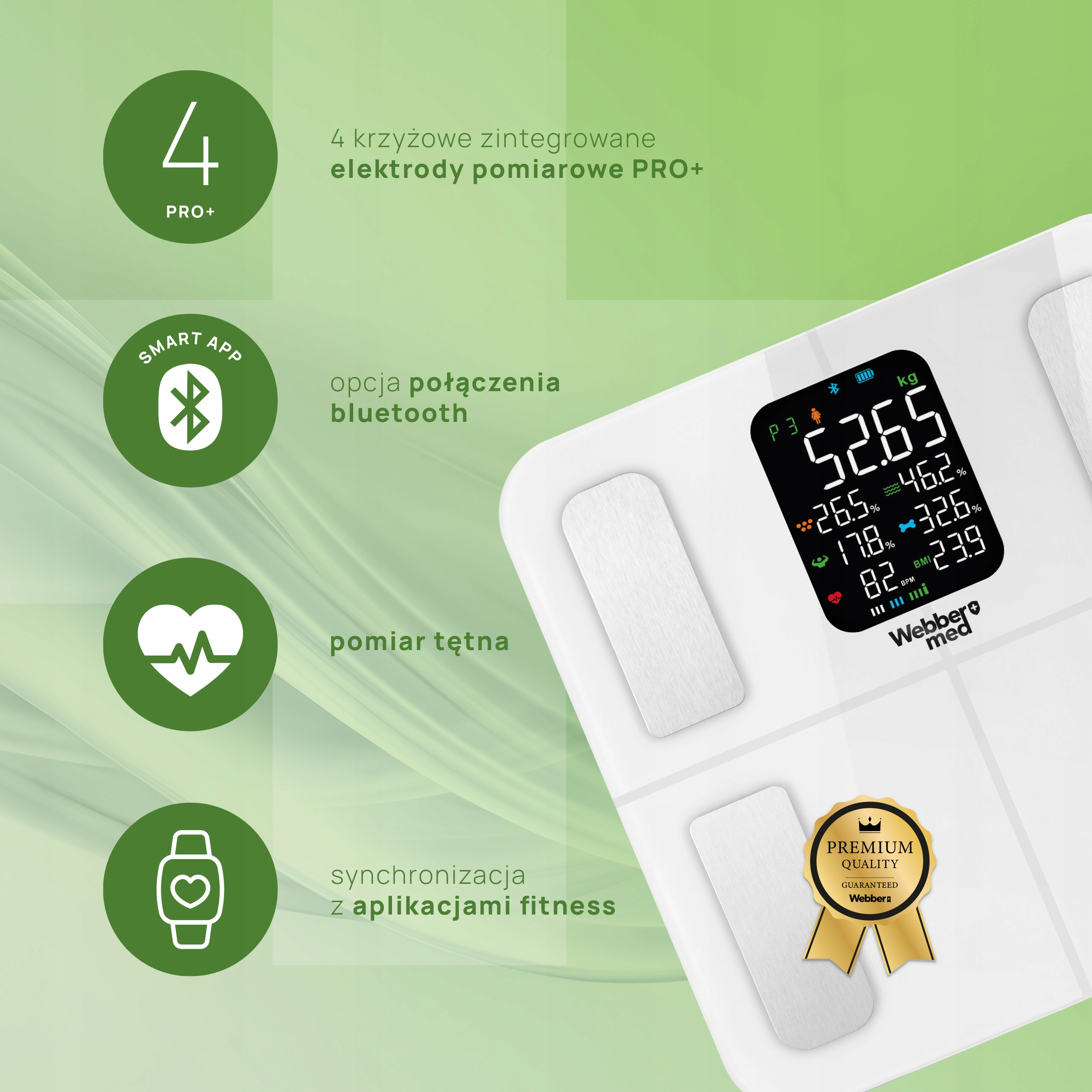 Biała waga cyfrowa z wyświetlaczem pokazującym wagę i inne dane zdrowotne. Funkcje: tętno i synchronizacja z aplikacją.