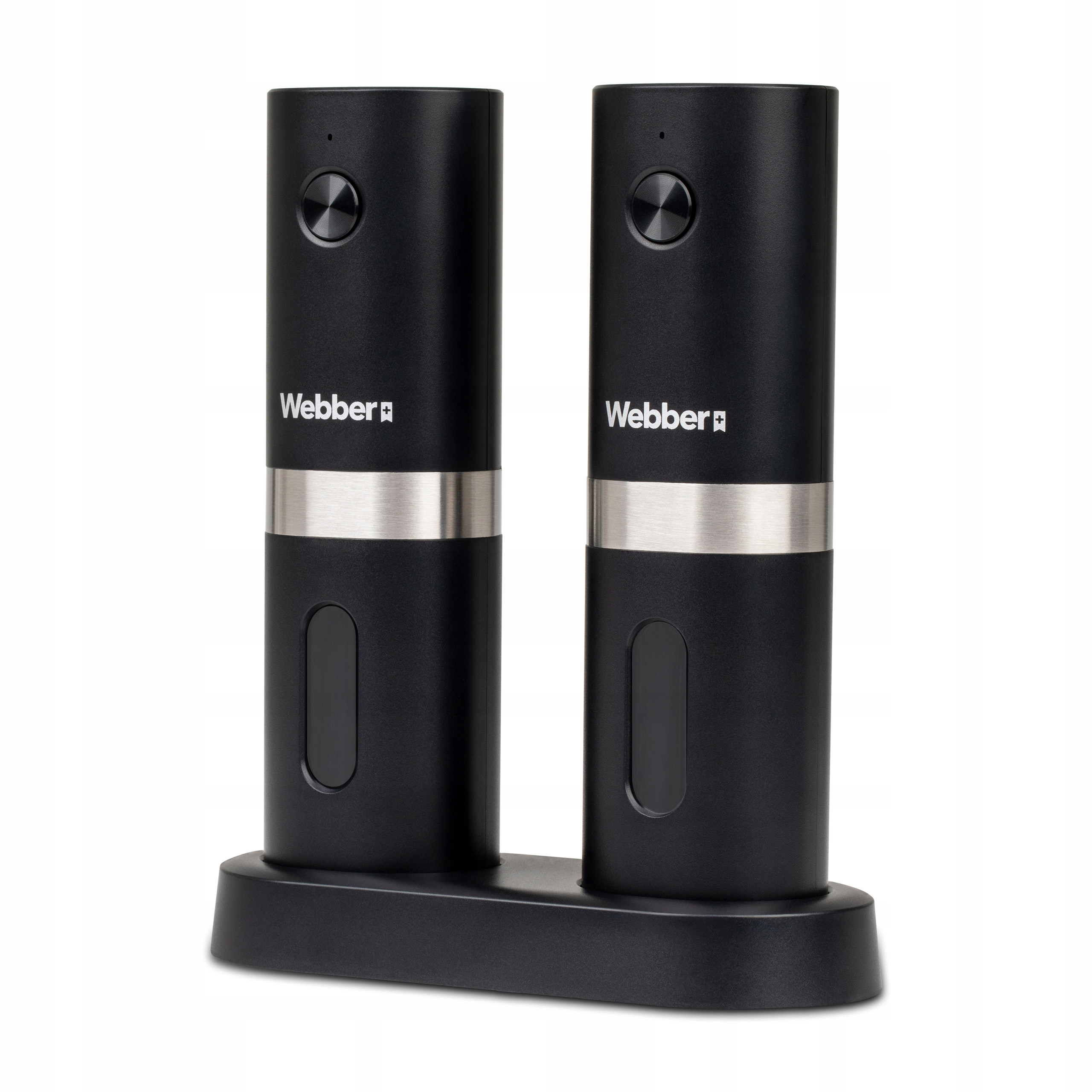 Dwa czarne cylindryczne urządzenia na czarnej podstawie. Każde ma przycisk i srebrną opaskę. Marka to Webber.