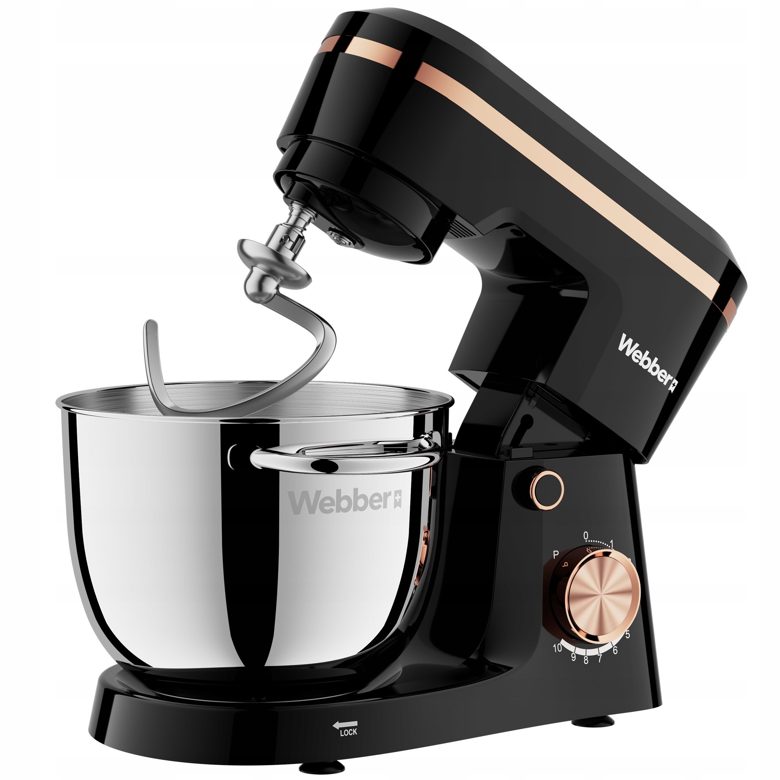 Czarny mikser stojący z miedzianymi akcentami. Ma misę ze stali nierdzewnej i hak do ciasta. Marka to Webber.
