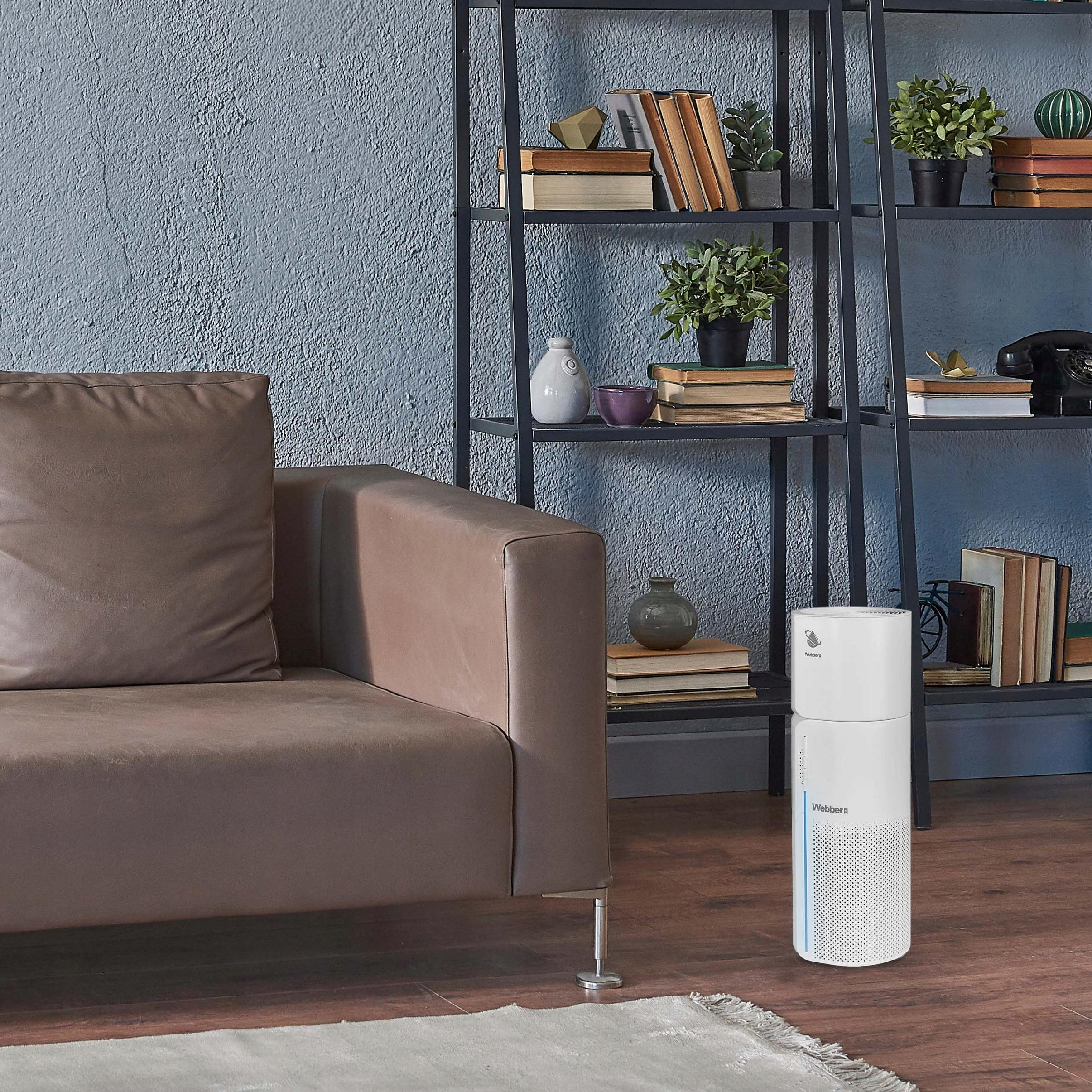 Brązowa skórzana sofa, biały oczyszczacz powietrza i czarny regał z książkami i roślinami.