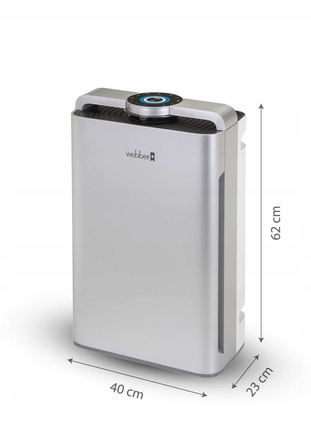 Srebrny oczyszczacz powietrza z wymiarami. Ma panel sterowania na górze. Marka to Webber+.