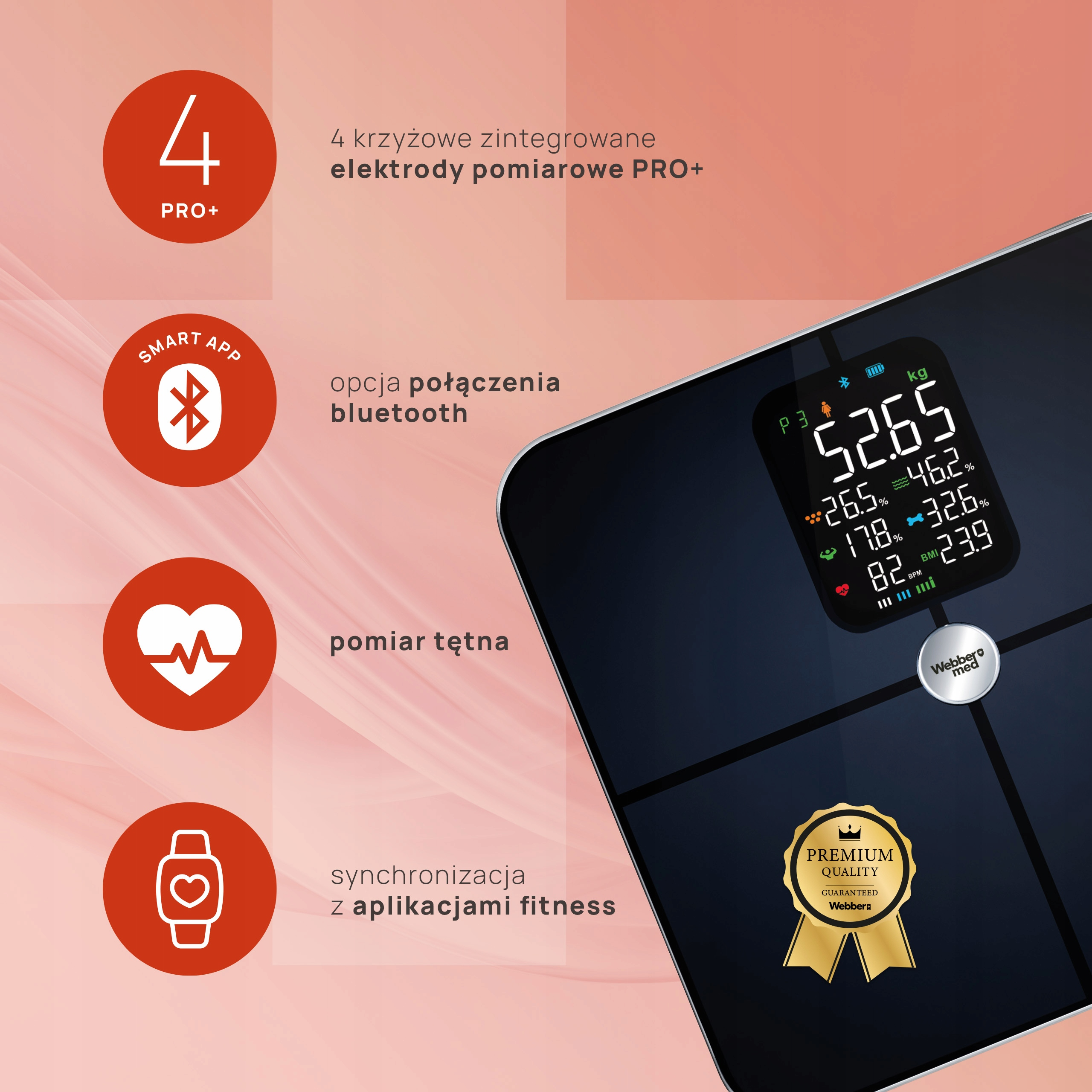 Waga cyfrowa z wyświetlaczem pokazującym wagę, tkankę tłuszczową i inne wskaźniki. Posiada Bluetooth, pomiar tętna i synchronizację z aplikacjami fitness.