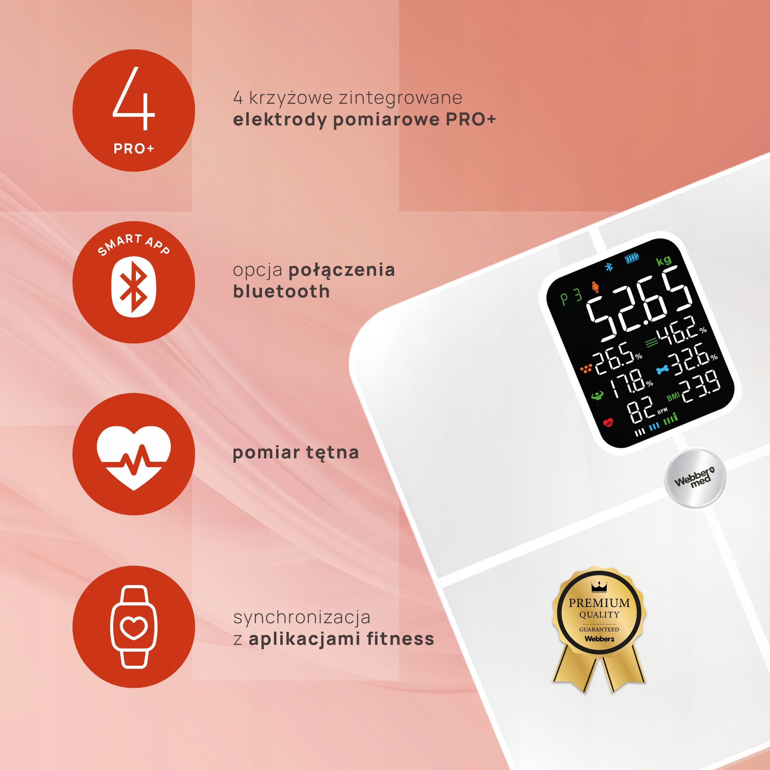 Waga cyfrowa z wyświetlaczem pokazującym wagę i wskaźniki zdrowia. Zawiera Bluetooth, tętno i synchronizację fitness.