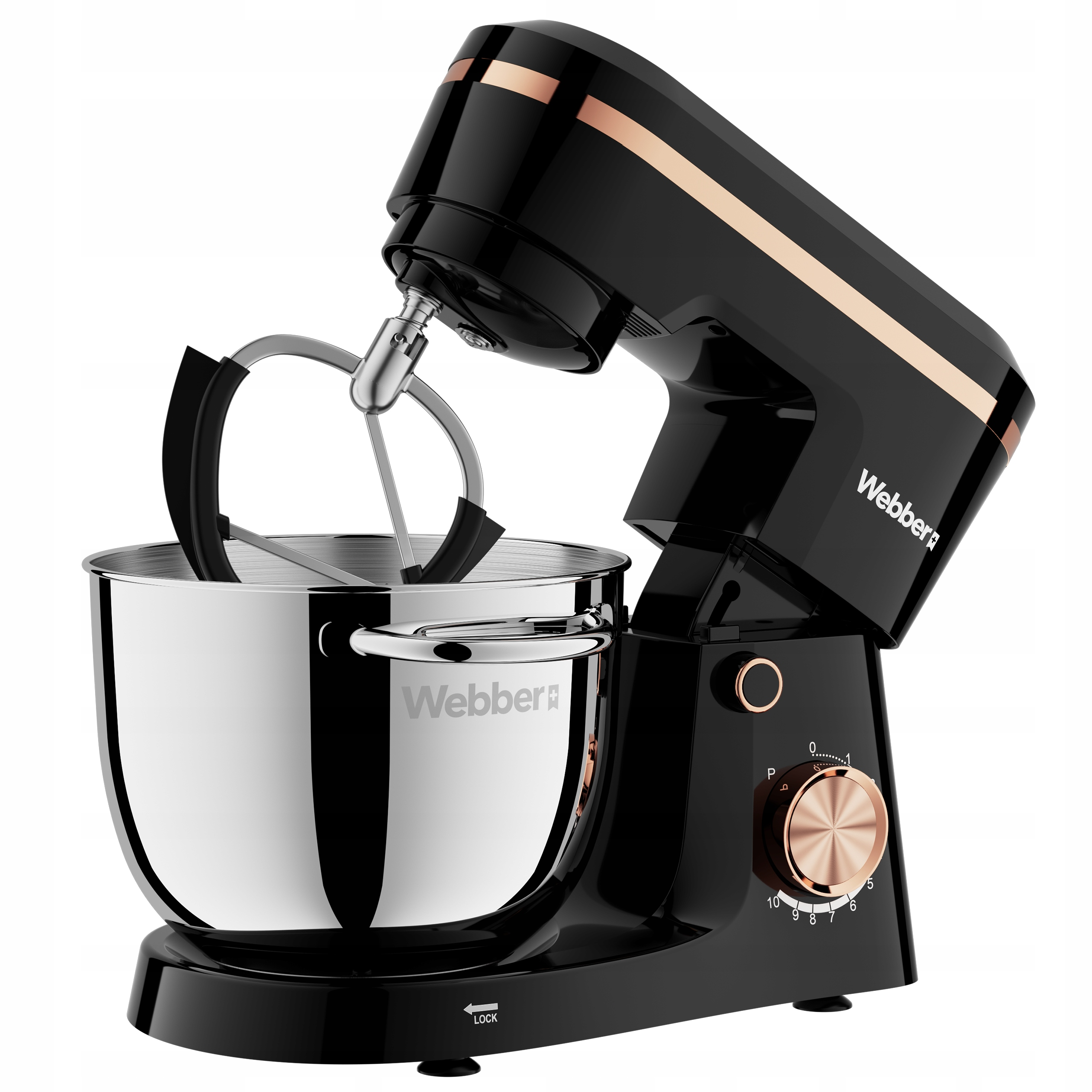 Czarny mikser stojący ze miedzianymi akcentami i misą ze stali nierdzewnej. Mikser ma pokrętło prędkości.