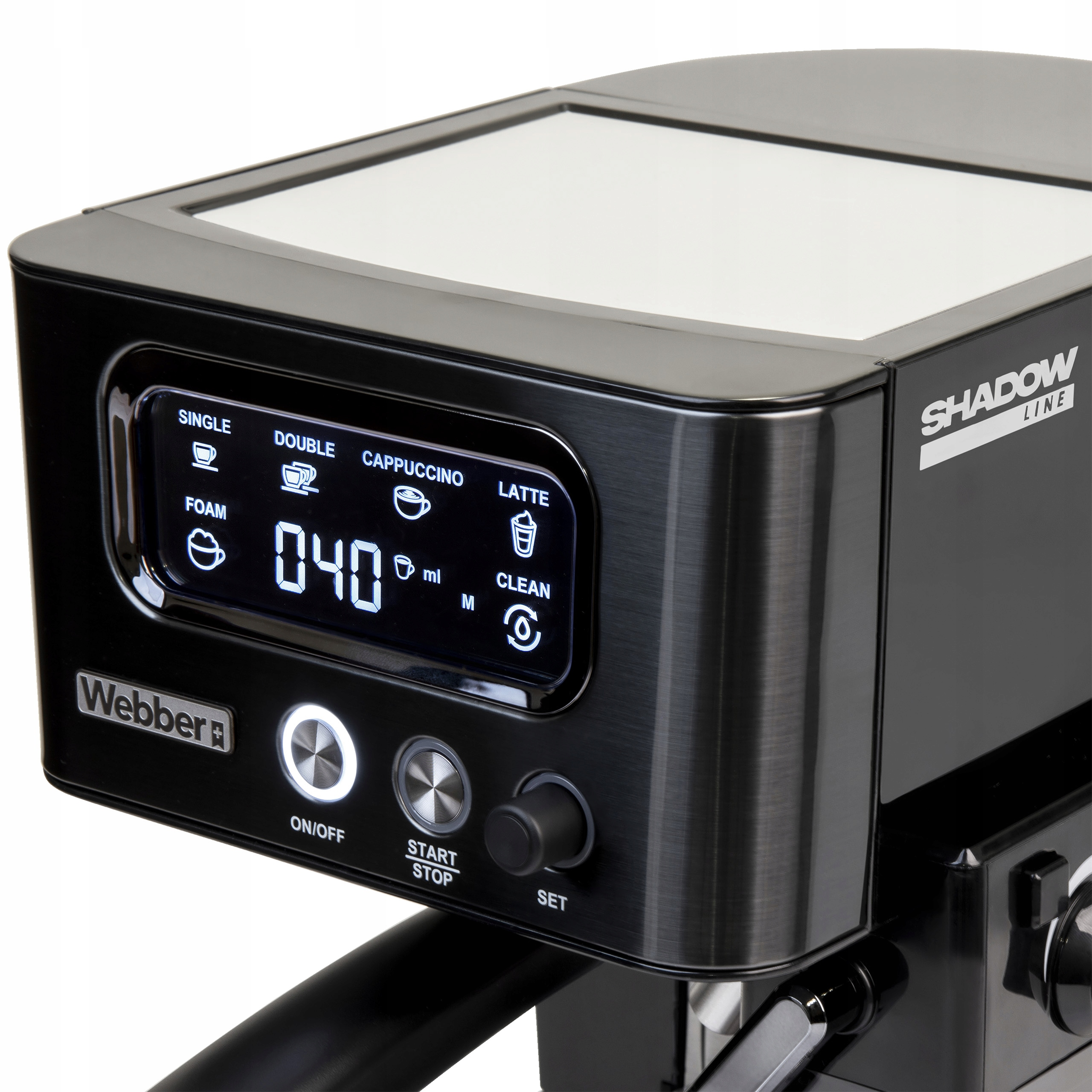 Czarny ekspres do kawy z cyfrowym wyświetlaczem pokazującym opcje i ustawienia. Posiada przyciski do różnych funkcji.