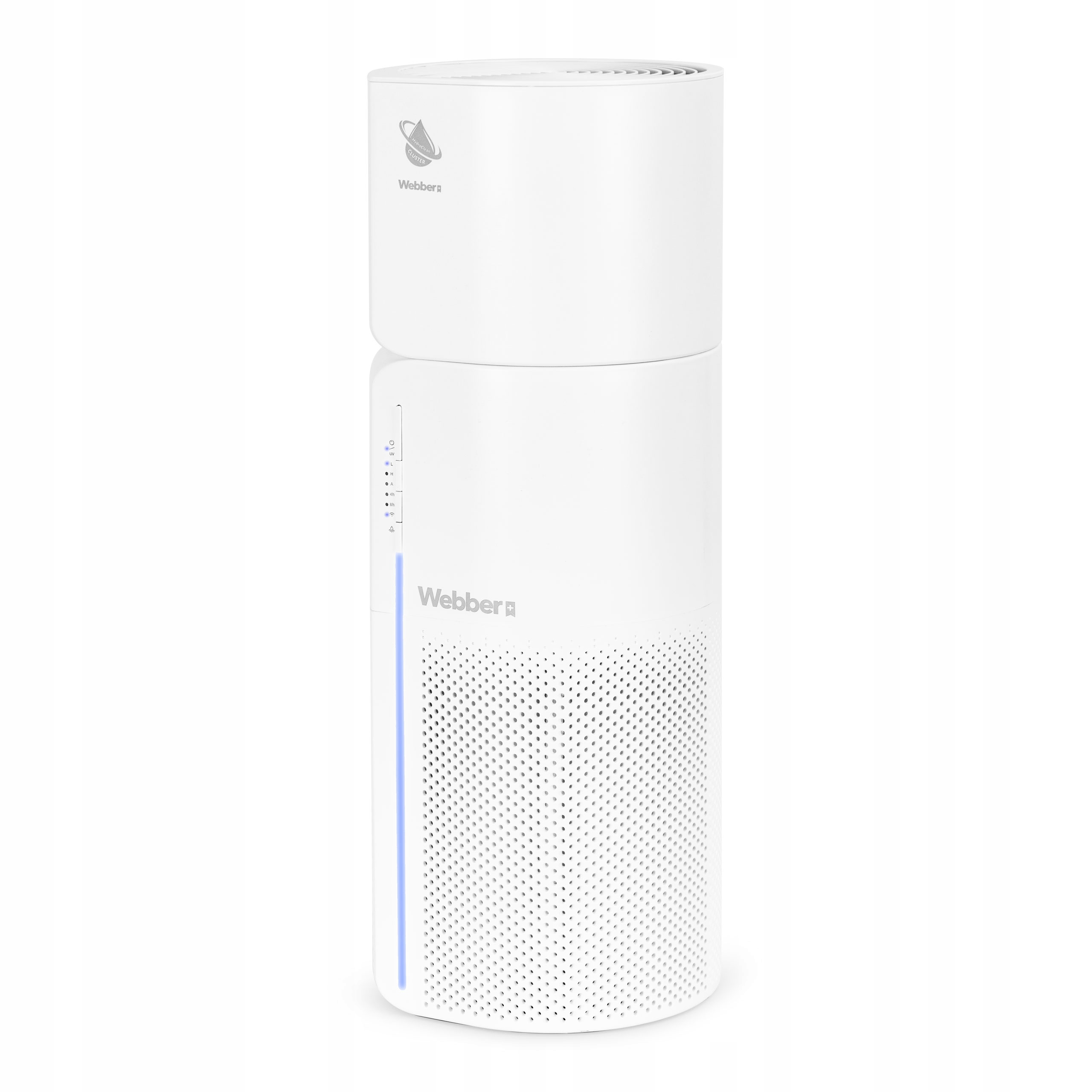 Biały oczyszczacz powietrza o cylindrycznym kształcie. Posiada markę Webber. Dół jest perforowany.