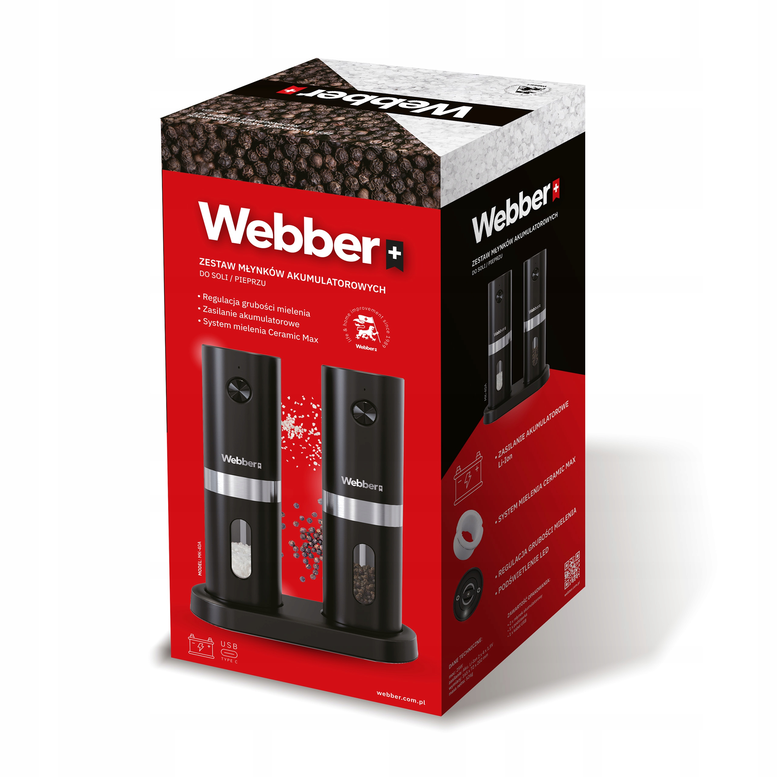 Pudełko produktu z młynkami do soli i pieprzu Webber, czarnymi młynkami i ziarnami pieprzu na górze.