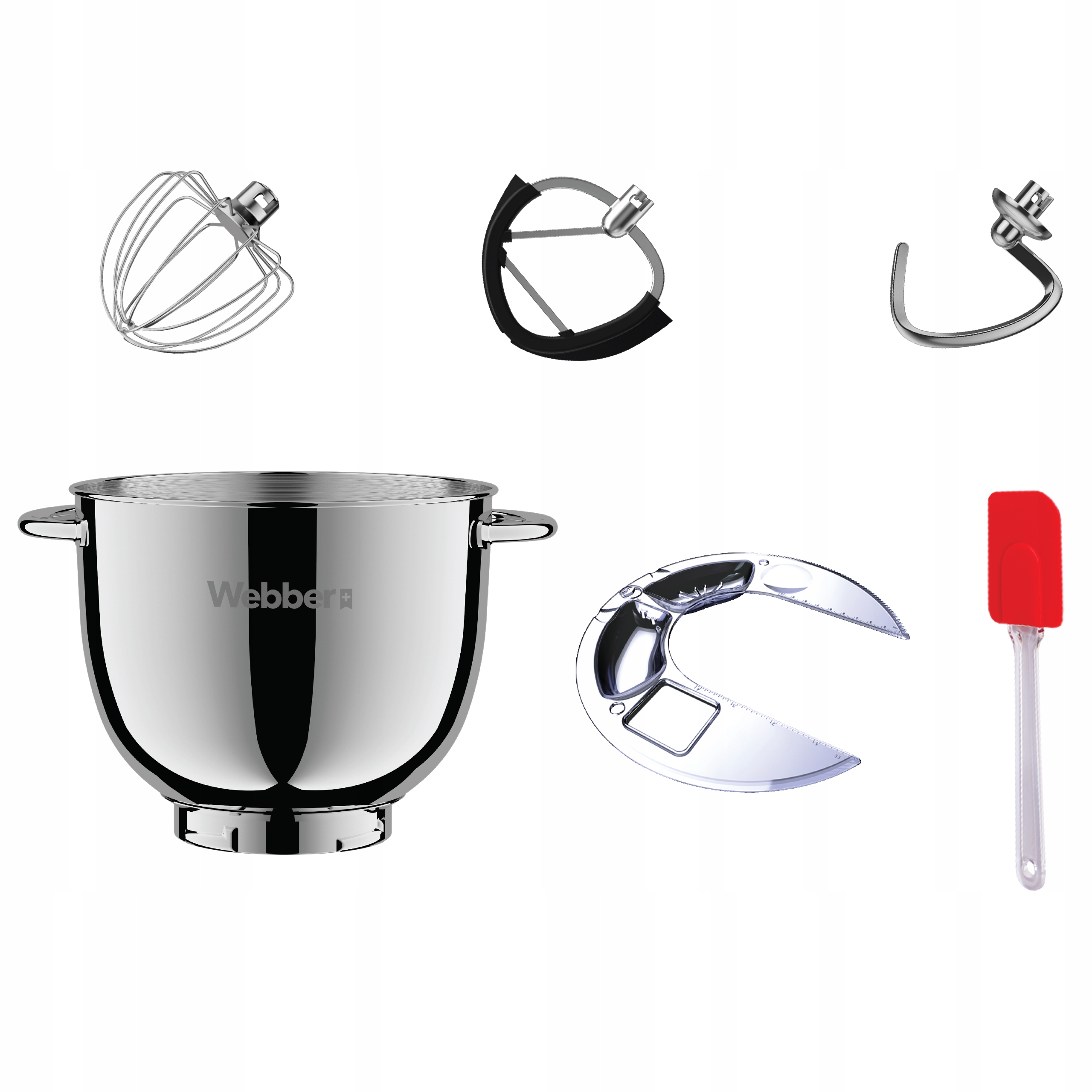 Zdjęcie przedstawia mikser z przystawkami i misą. Widoczne są trzepaczka, hak do ciasta, ubijaczka, misa i szpatułka.