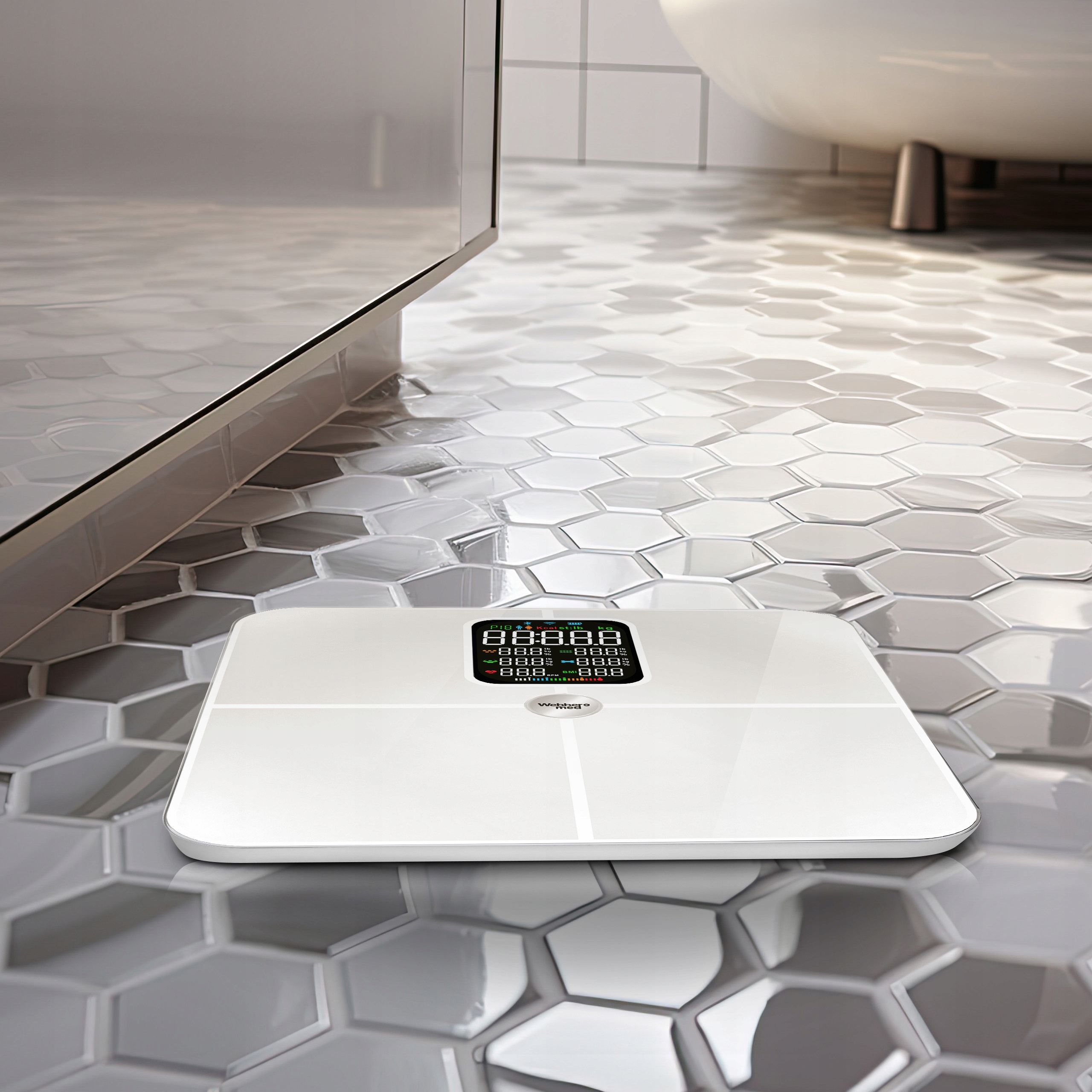 Biała waga cyfrowa stoi na szarej sześciokątnej podłodze z płytek. W tle wanna.